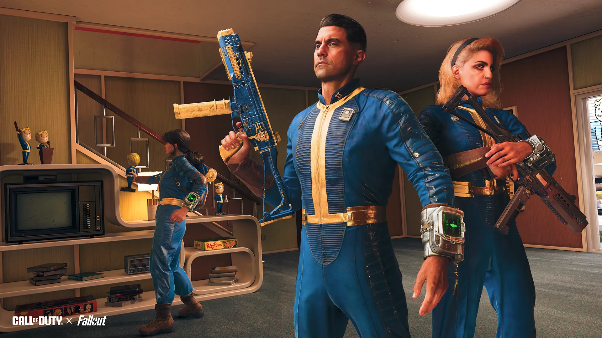 Alt text: "Call of Duty x Fallout collaboration: characters in Vault suits with weapons in a retro living room setting.