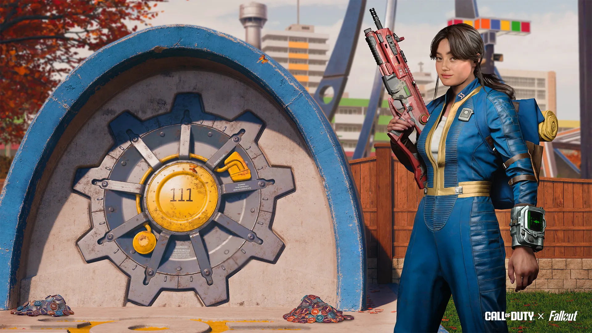 Character in Vault 111 gear stands by a large vault door, promoting the Fallout x Call of Duty Season 01 Reloaded event.