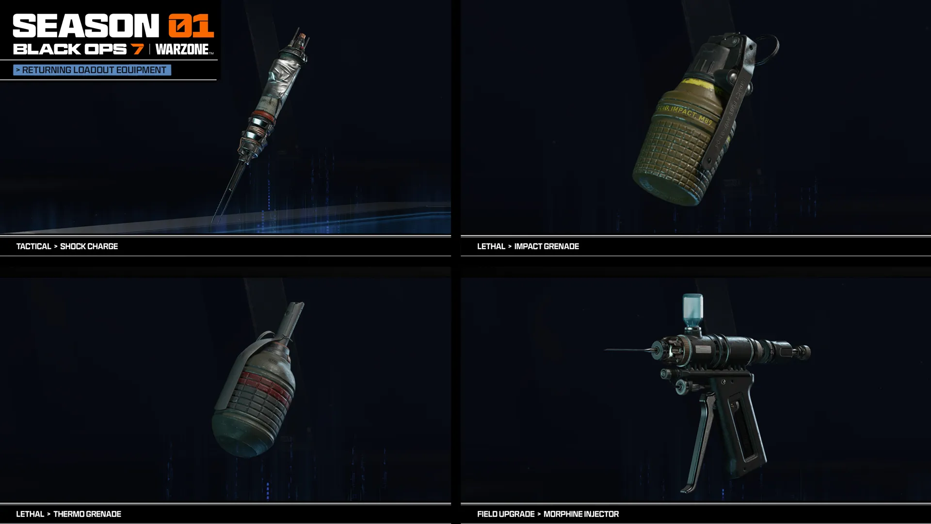 Showcase of Season 01 Reloaded equipment for Call of Duty: Warzone, featuring new tactical and lethal items.