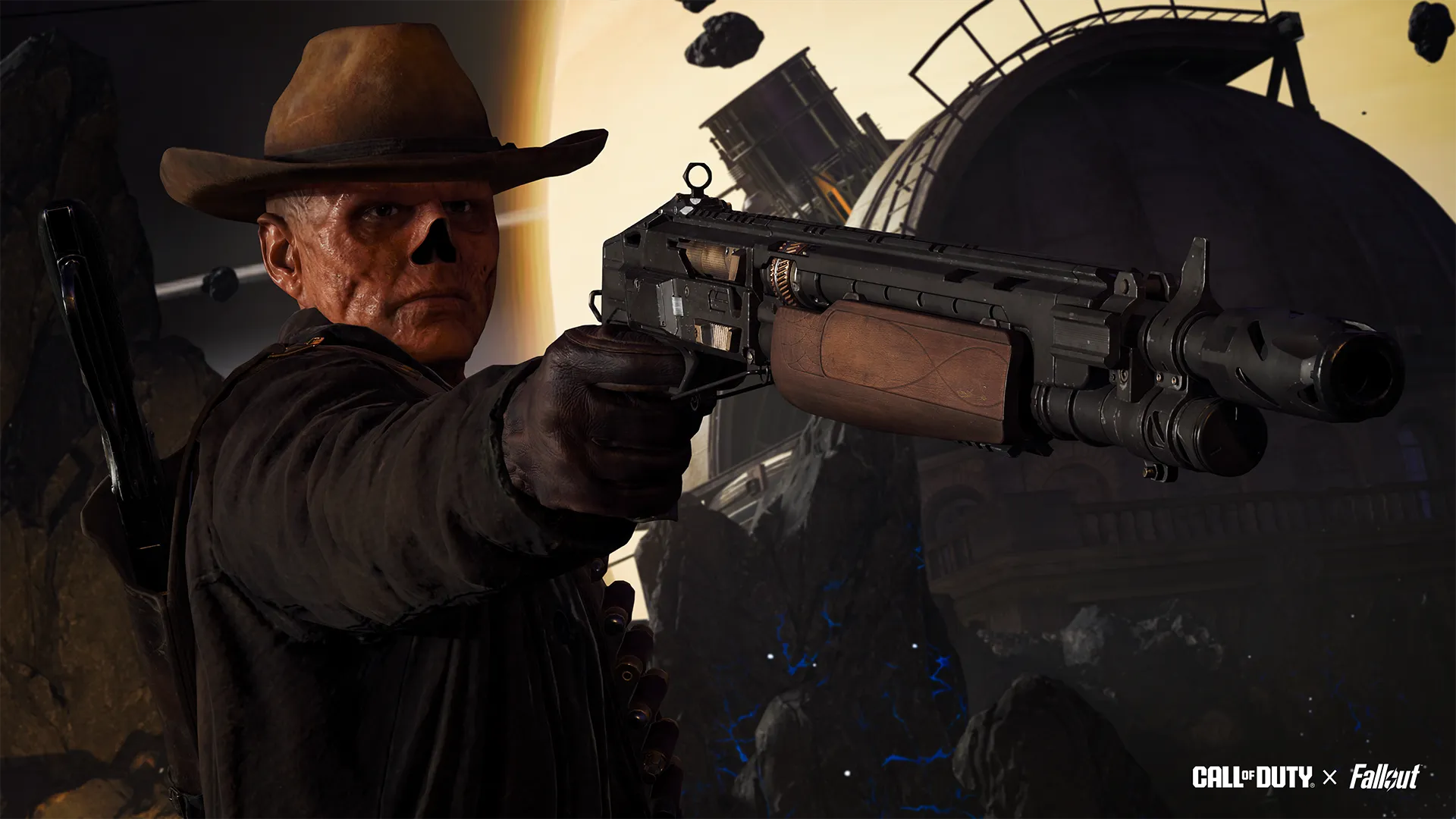 Alt text: "Call of Duty x Fallout: A rugged character aiming a weapon, showcasing the new Wasteland-themed content in Seas...