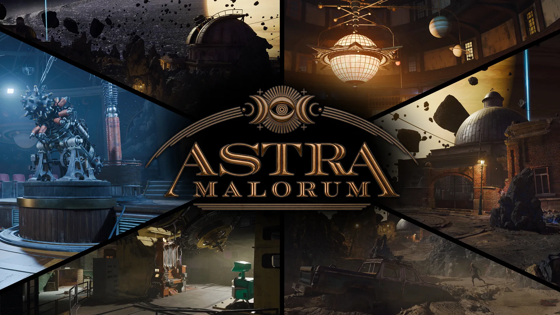 Collage of futuristic environments from Astra Malorum, featuring sci-fi elements and intricate details.