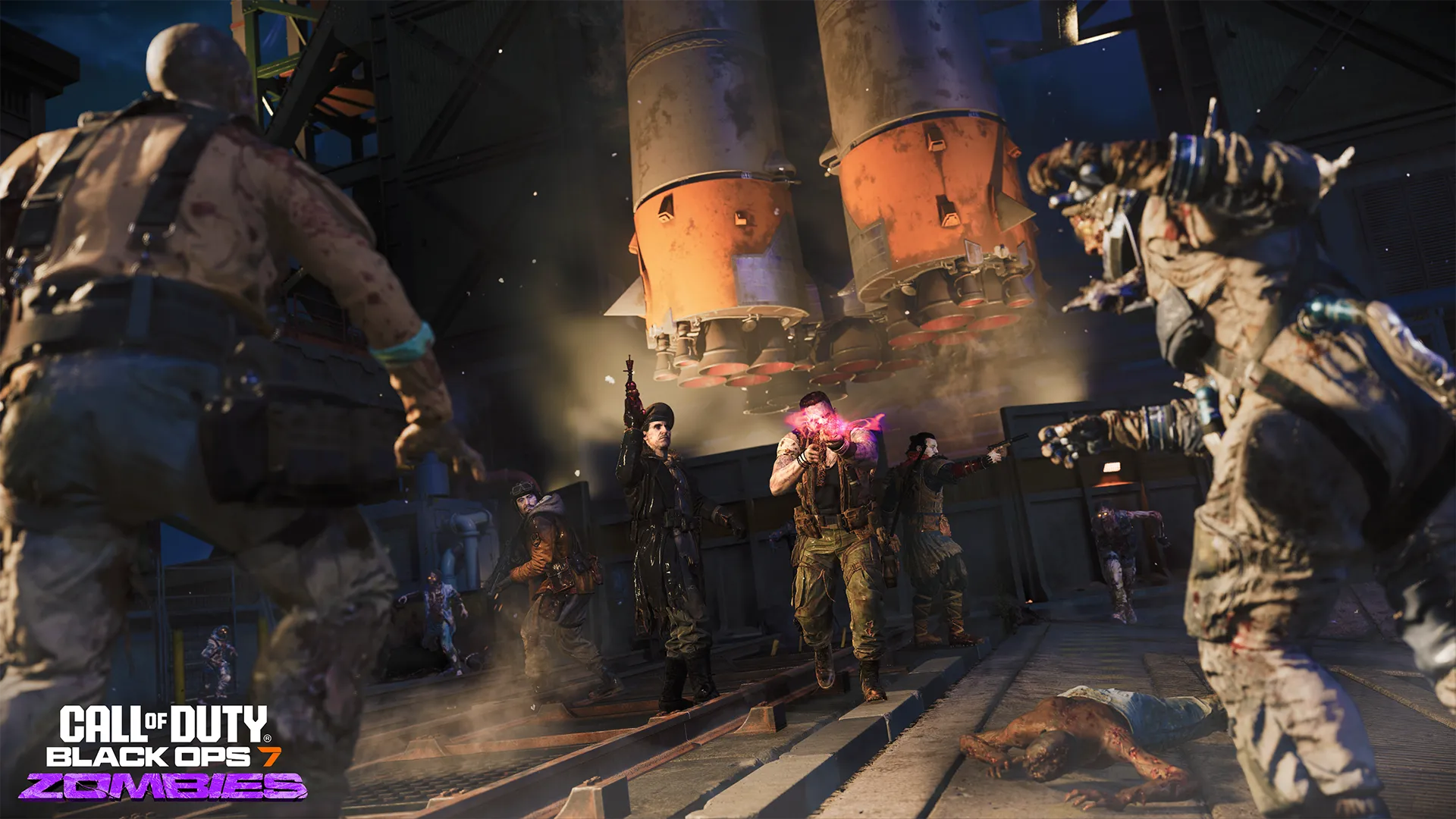 Exciting scene from Call of Duty: Zombies, showcasing chaos with characters in a Wasteland setting during Season 01 Reloaded.
