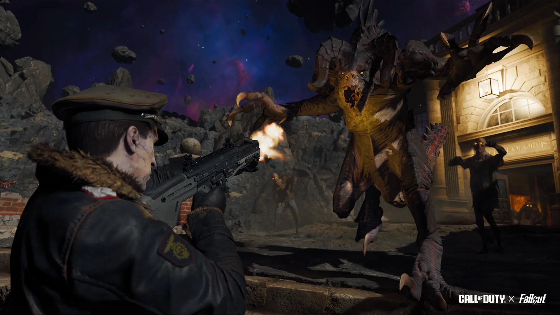 Player battles a Deathclaw in a surreal Fallout-themed environment in Call of Duty: Season 01 Reloaded update.