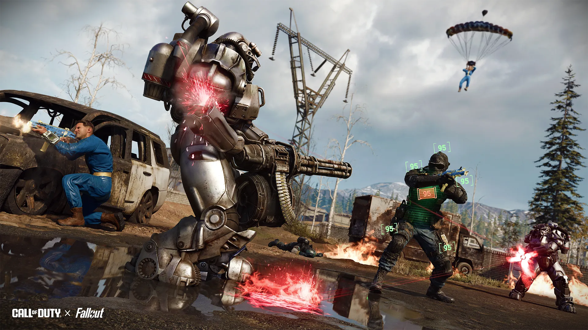 Warriors battle in a wasteland setting, showcasing Call of Duty x Fallout collaboration with intense action and armaments.