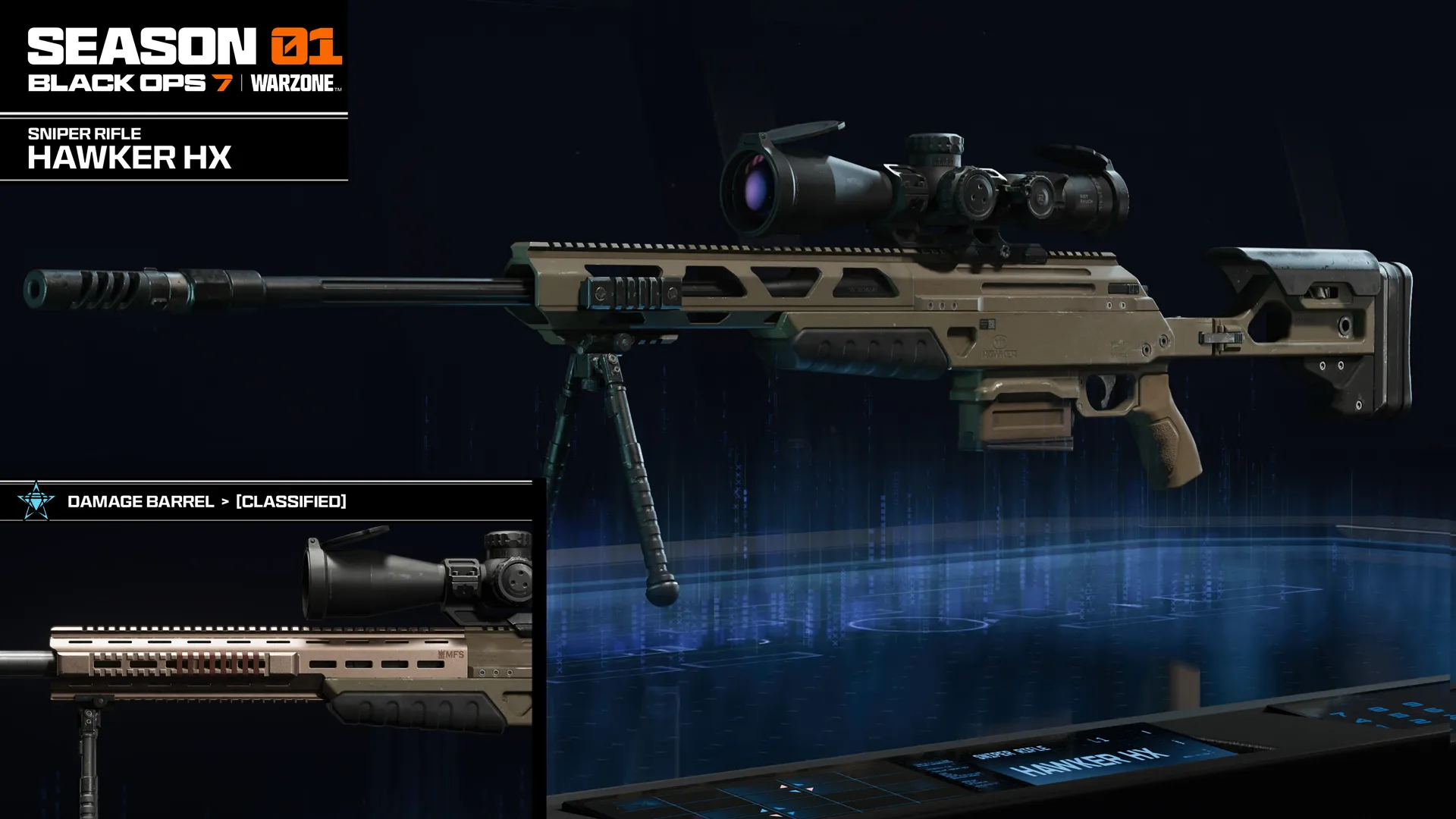 Alt text: "Hawker HX sniper rifle featured in Call of Duty Season 01 Reloaded, showcasing its detailed design and stats.