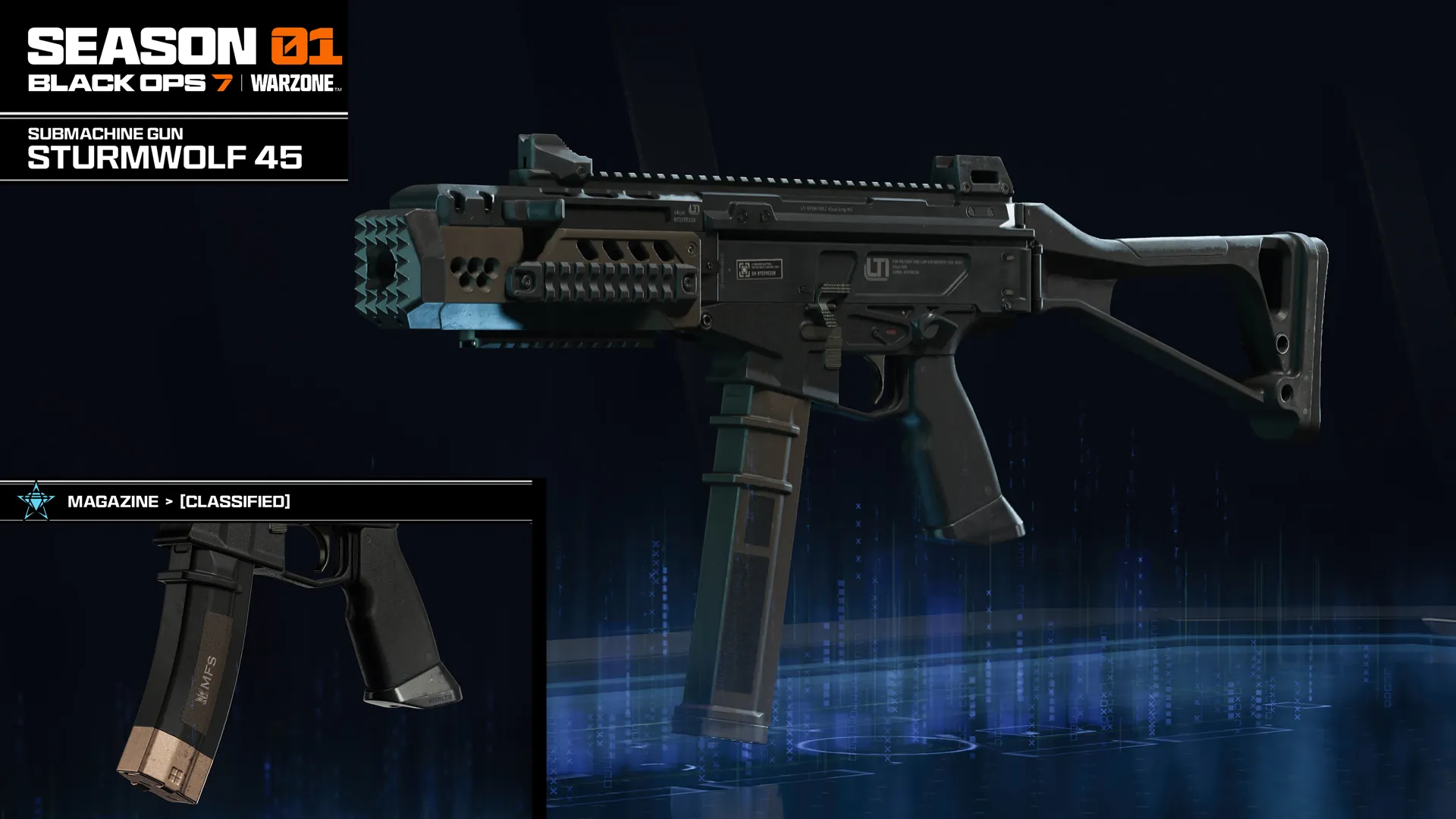 Alt text: "Sturmwolf 45 submachine gun showcased in Call of Duty: Warzone Season 01 Reloaded update.