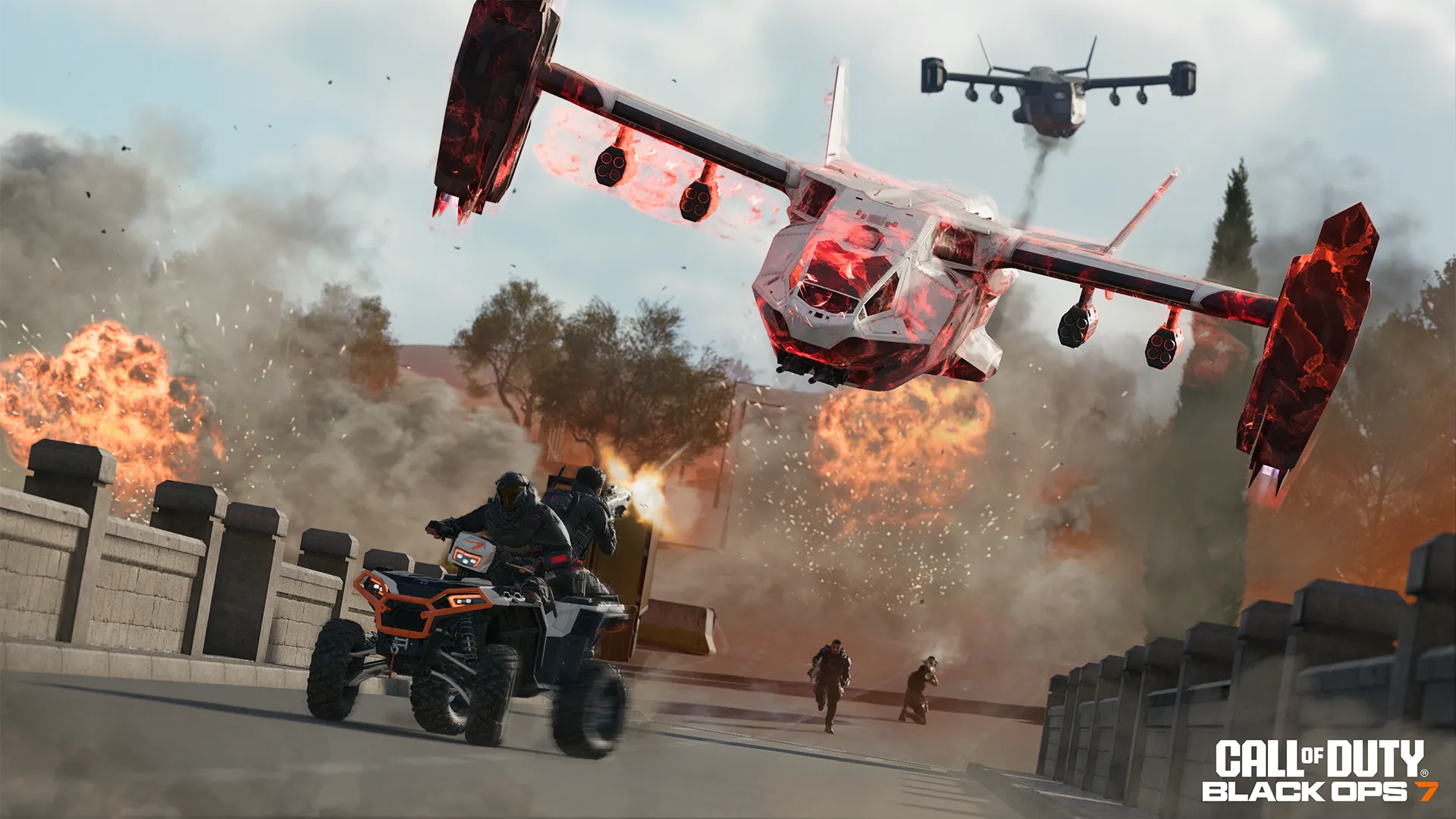 Action-packed scene from Call of Duty: Season 01 Reloaded, featuring explosions and vehicles in a thrilling battle.