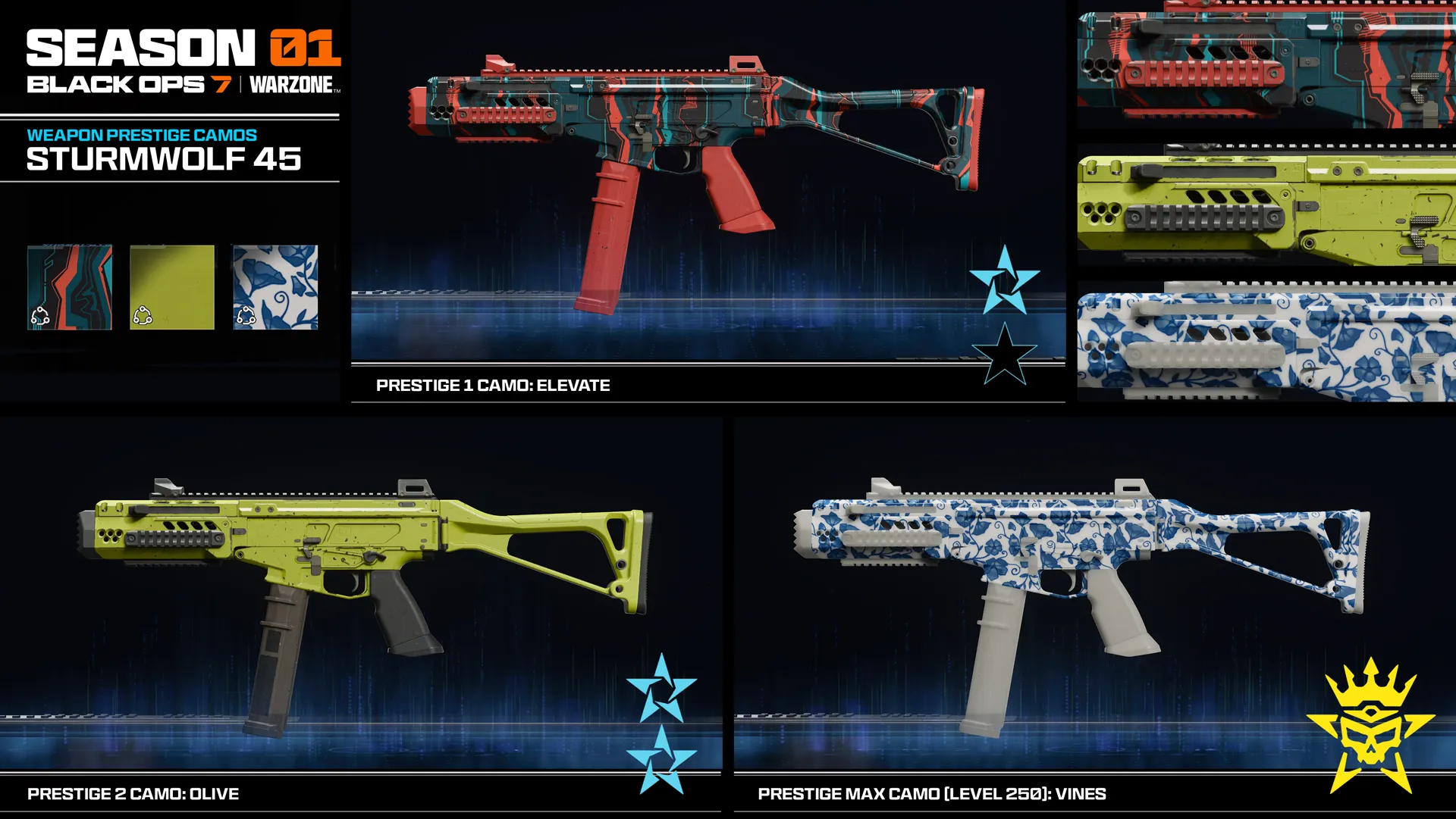 New weapon skins for Sturmwolf 45 in Call of Duty: Season 01 Reloaded showcase vibrant designs and customization options.