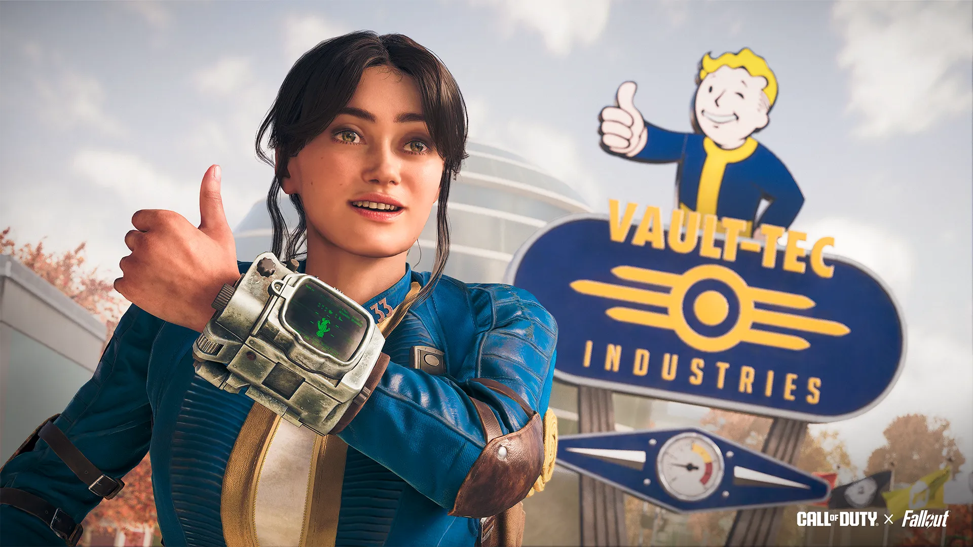 Vault-Tec character thumbs up near Vault-Tec Industries sign, promoting Fallout content in Call of Duty Season 01 Reloaded.