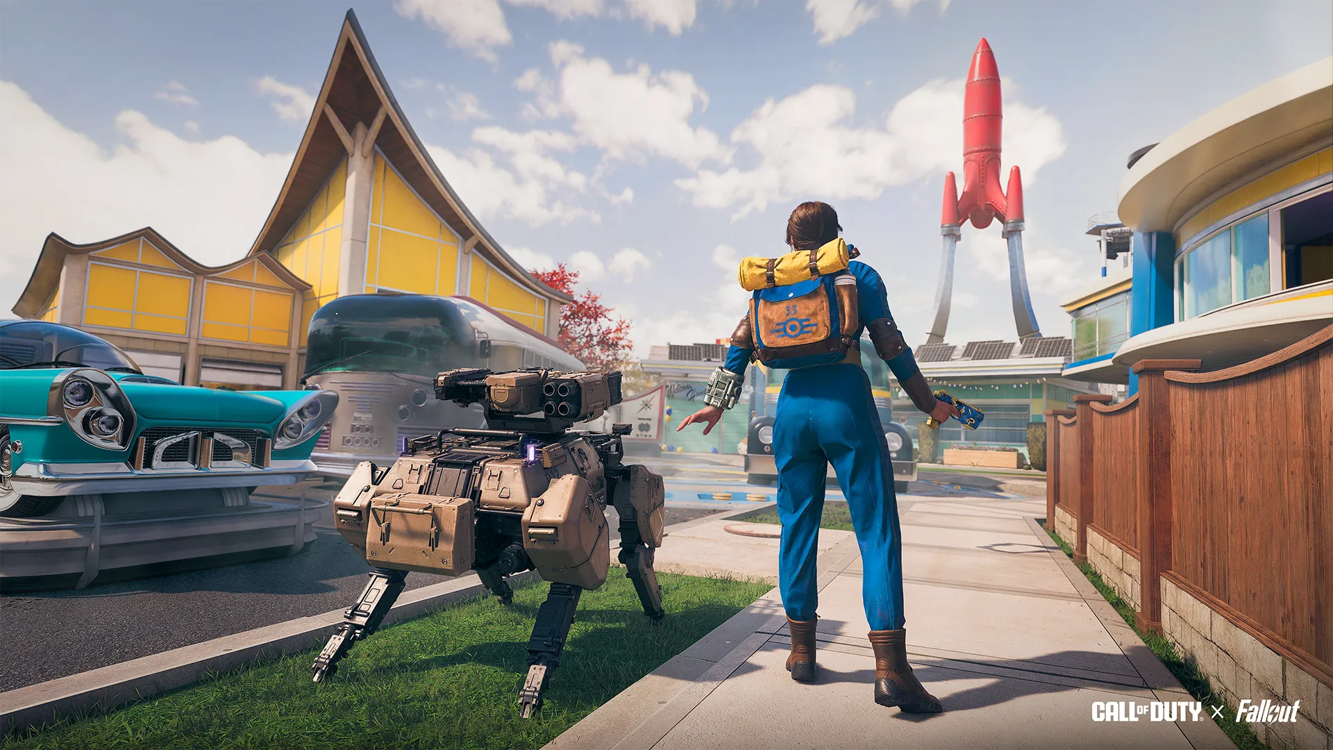Fallout meets Call of Duty: A Vault Dweller explores a vibrant map with a robotic companion and a rocket in the background.