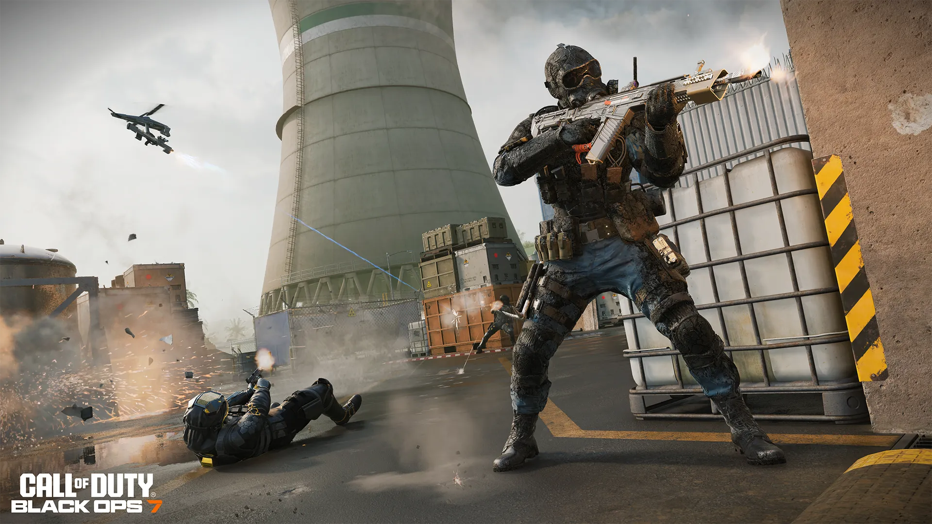 Action-packed scene from Call of Duty showing soldiers in combat with backdrop of an industrial setting and explosions.