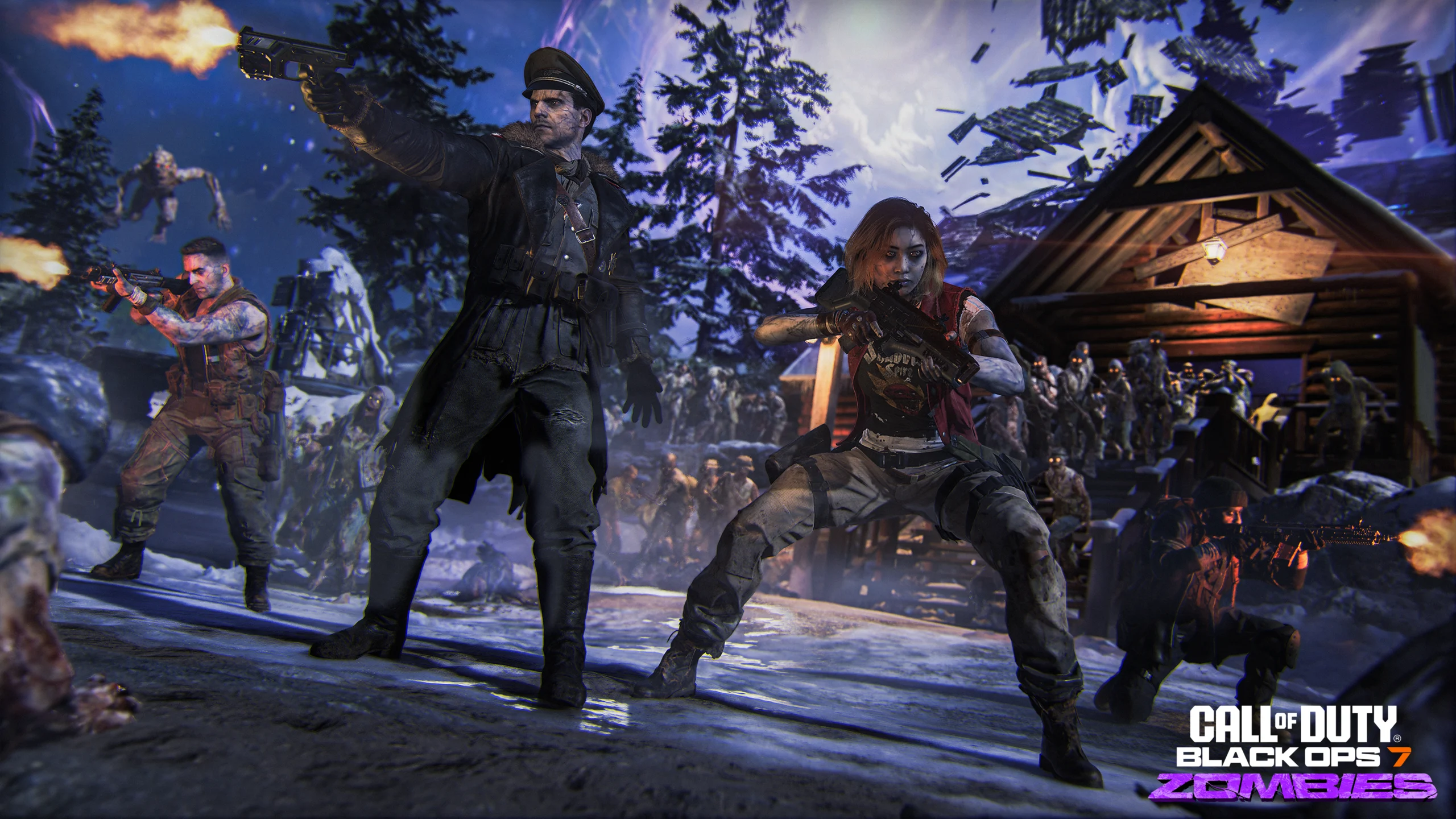 Call of Duty: Black Ops 7 Zombies action scene featuring characters battling against hordes in a snowy landscape.