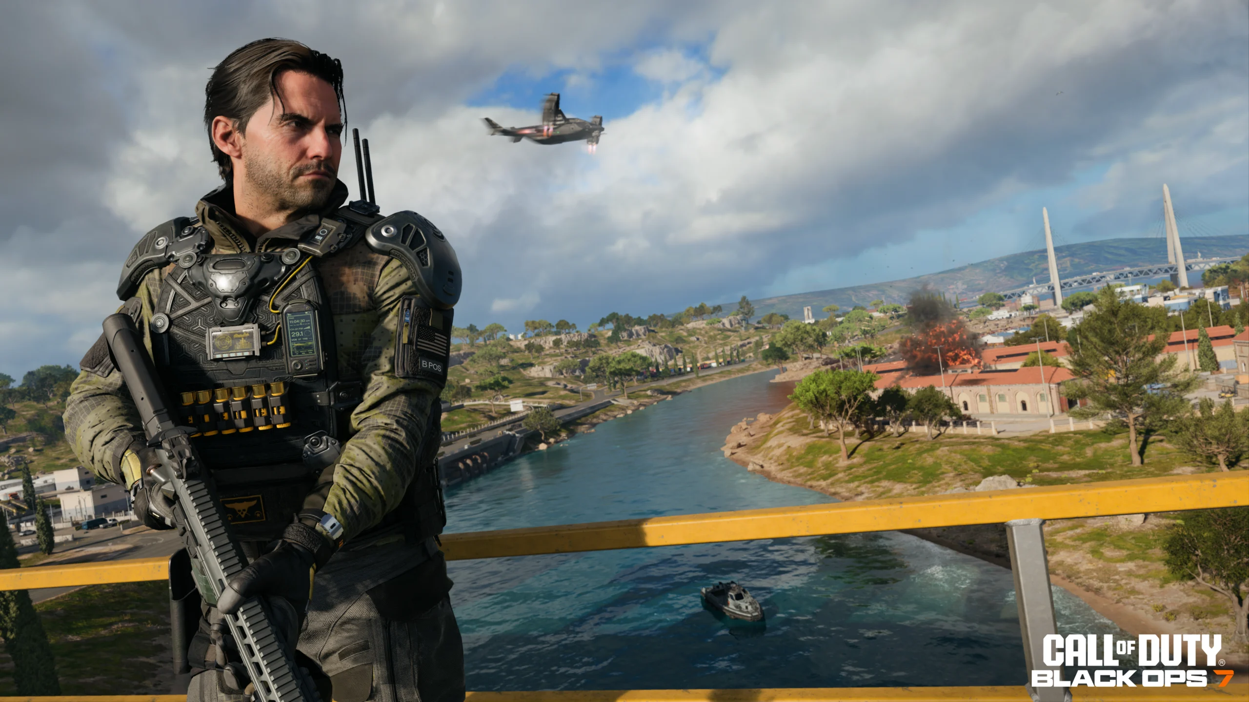 Call of Duty: Black Ops 7 character ready for action, overlooking a vibrant landscape with a helicopter in the sky.
