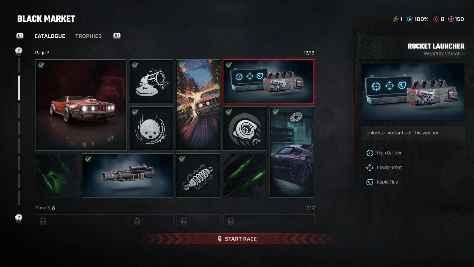Black Market interface showcasing vehicle upgrades and weapons for Carmageddon: Rogue Shift, set in a dystopian 2050.