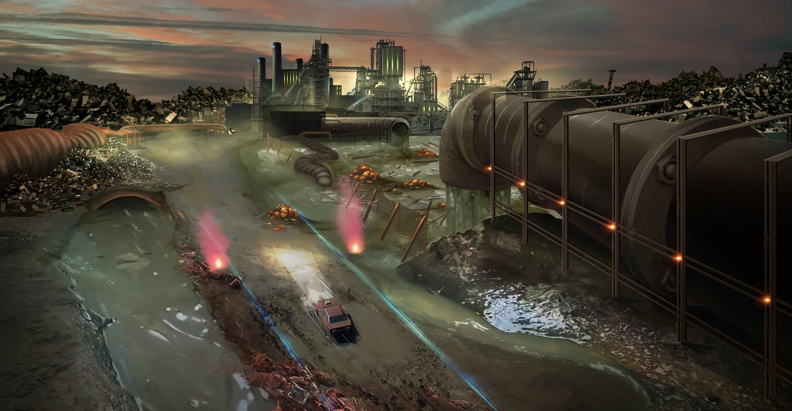 Post-apocalyptic wasteland scene for Carmageddon: Rogue Shift, featuring a racer navigating through debris and polluted wa...