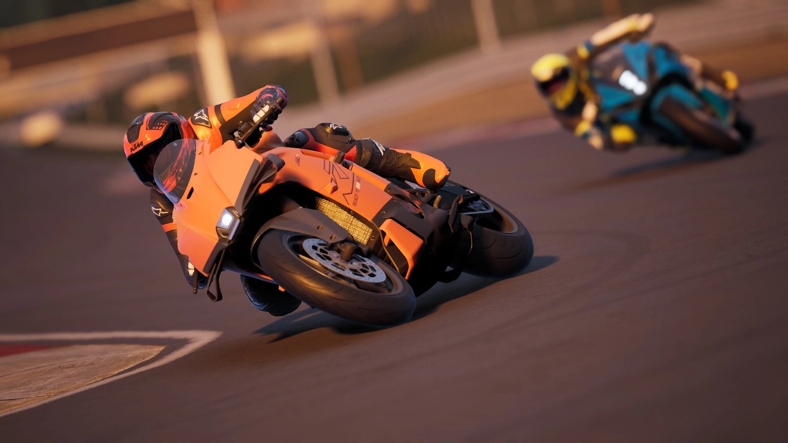 Two motorcyclists racing on a track, showcasing speed and agility, highlighting Ride 6's thrilling gameplay