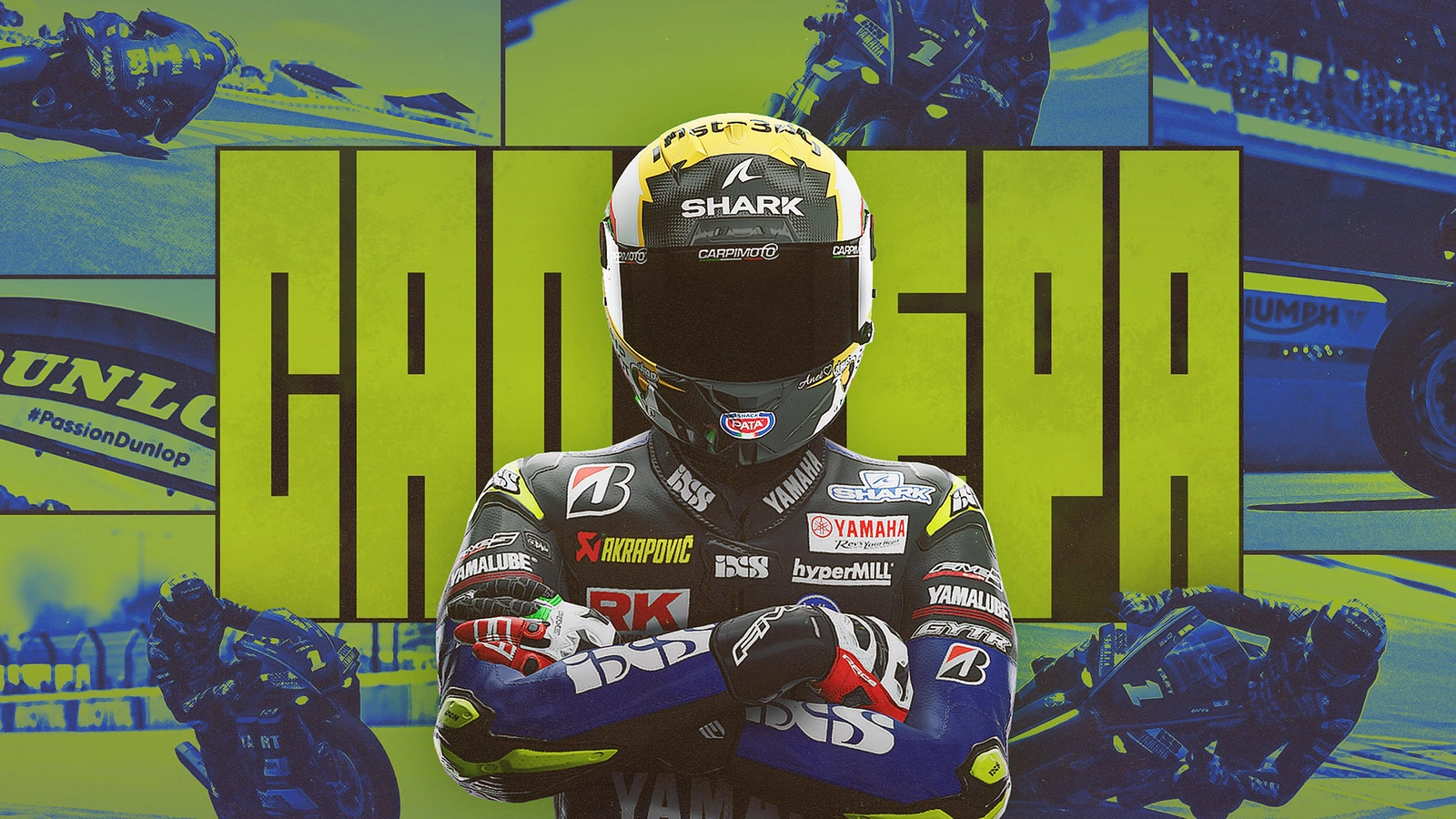 Motorcyclist in racing gear stands confidently against a collage of dynamic racing scenes and bold text