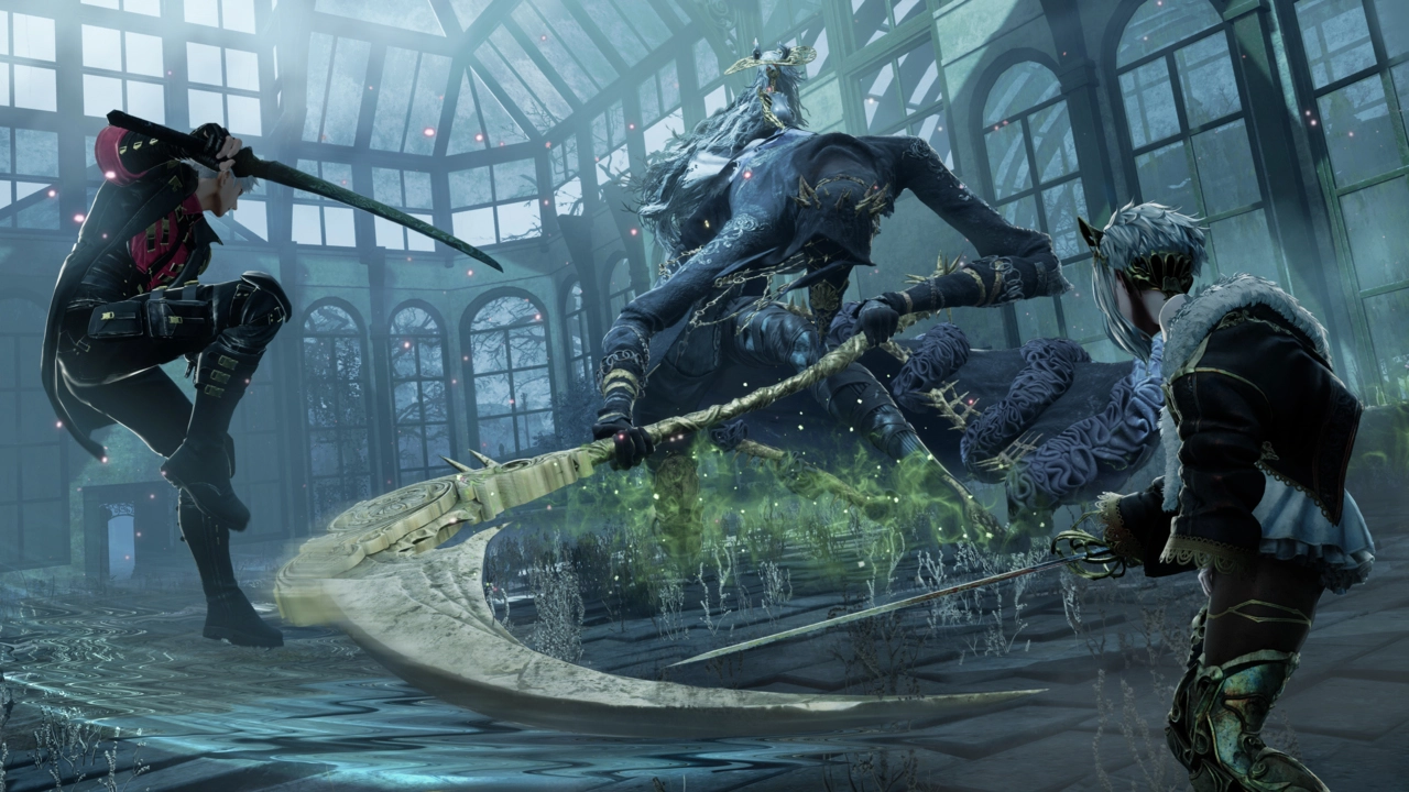 Three warriors engage in battle with a colossal armored creature wielding a massive scythe in a glass atrium