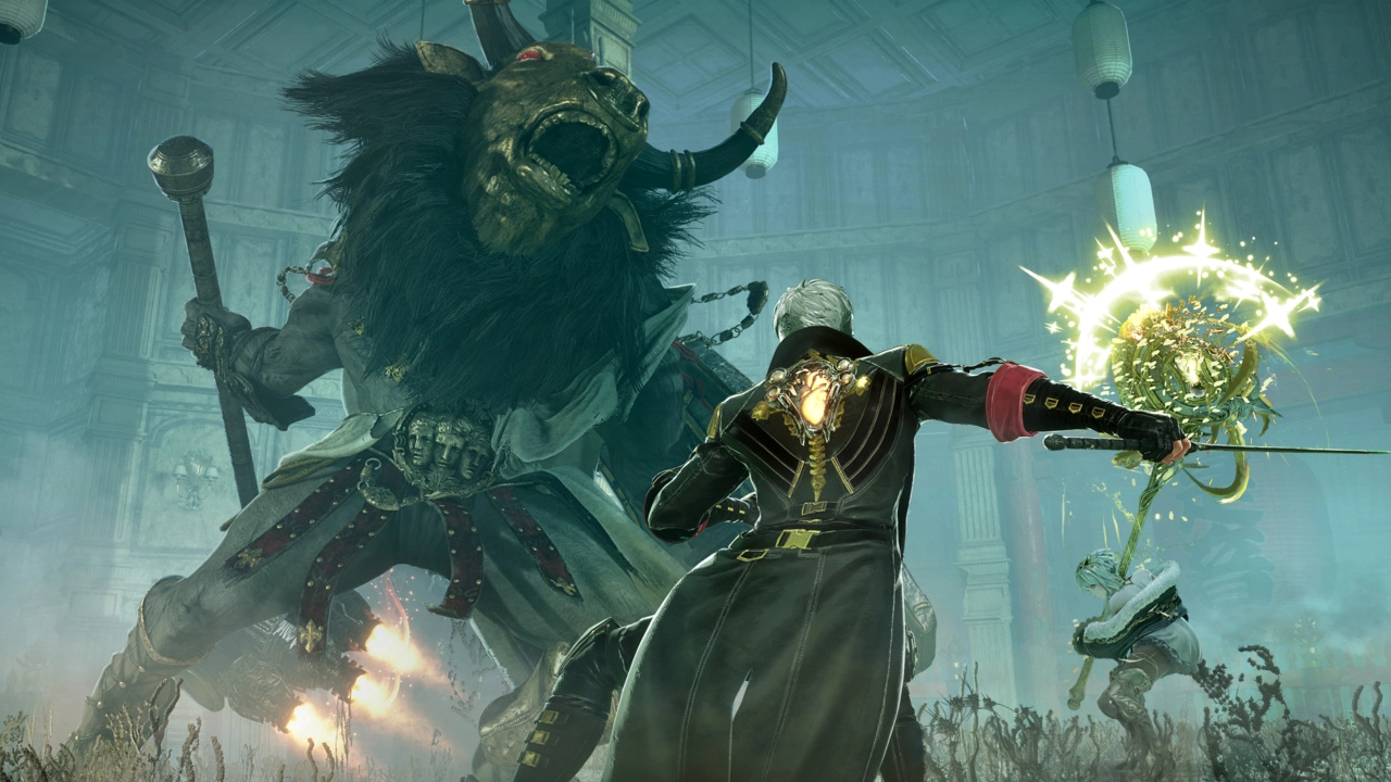 A warrior with a glowing sword faces a towering beast with horns in a mystical arena, ready for battle