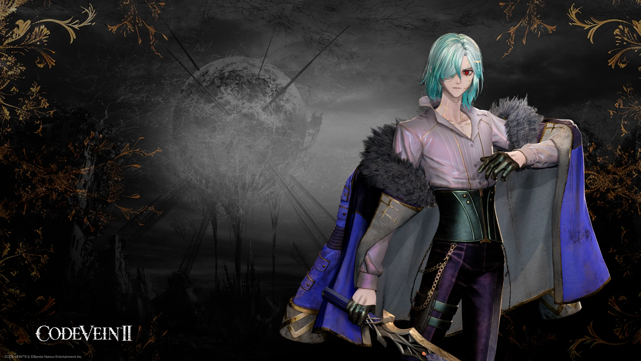 Anime character with teal hair and sword in a dark, sci-fi landscape from CODE VEIN II game