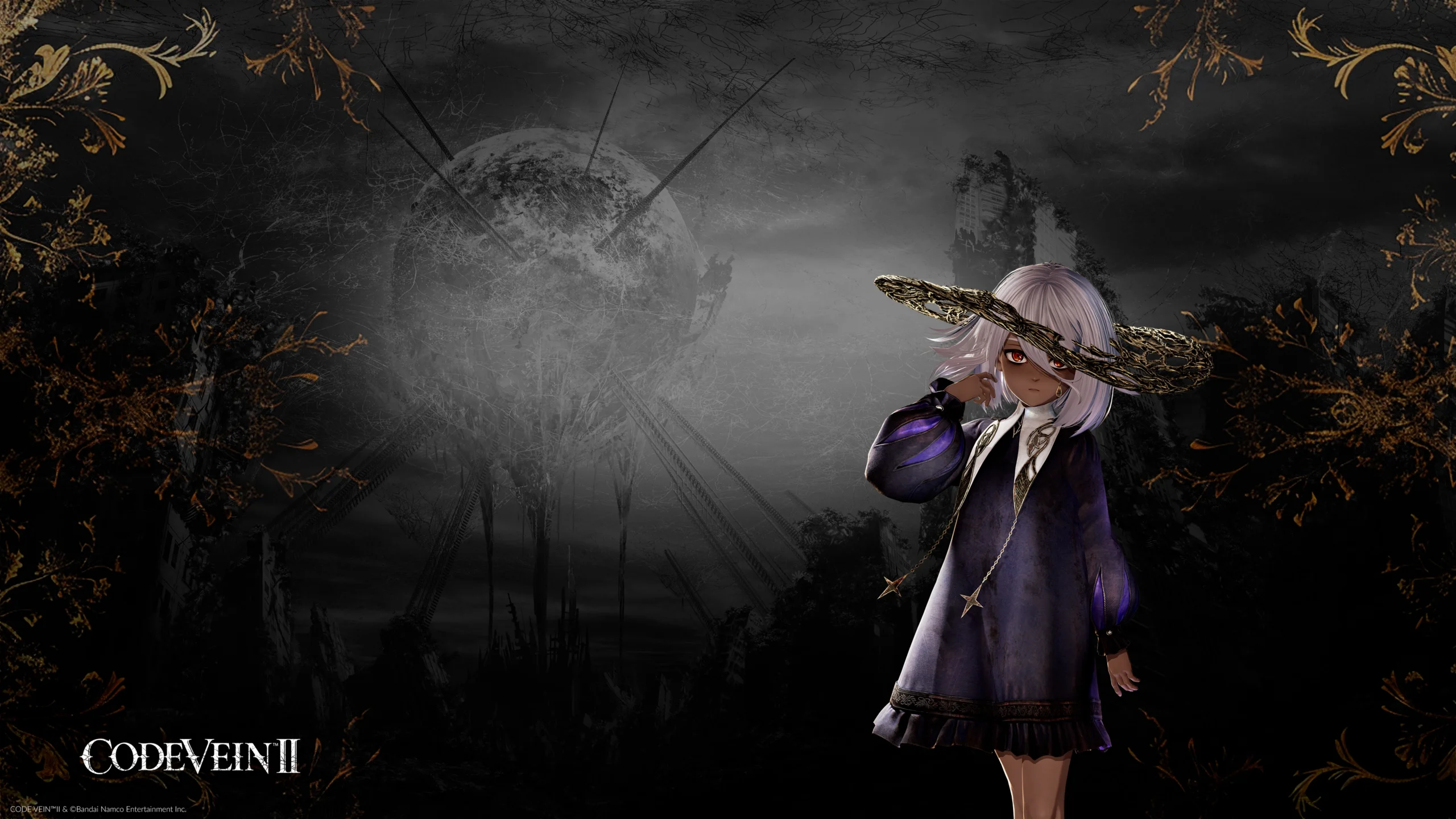 A mysterious girl with white hair and a dark dress stands in a sci-fi landscape from CODE VEIN II