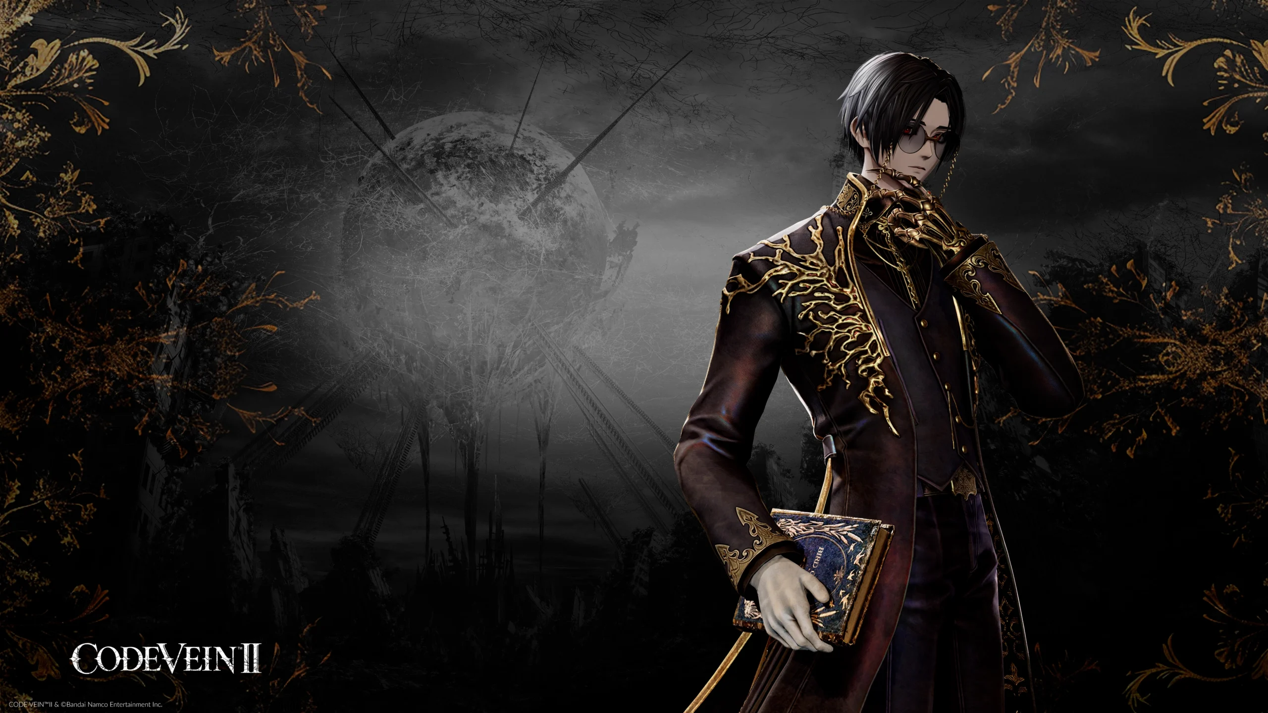 A character in ornate attire holds a book against a dark, intricate background from CODE VEIN II universe