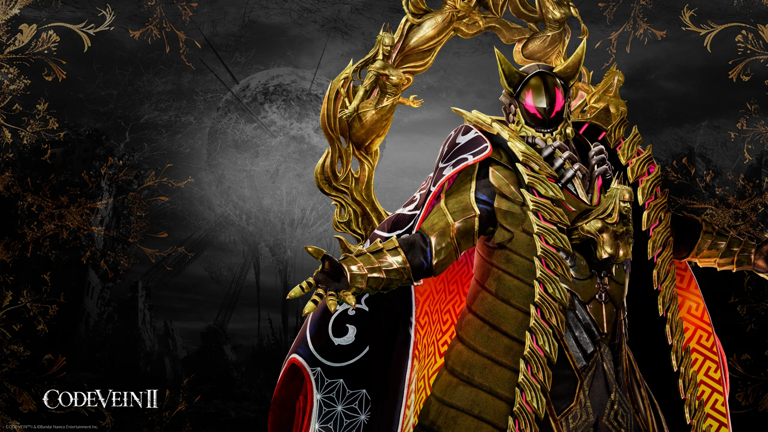 A futuristic armored character in gold and red, set against a dark, intricate background from CODE VEIN II