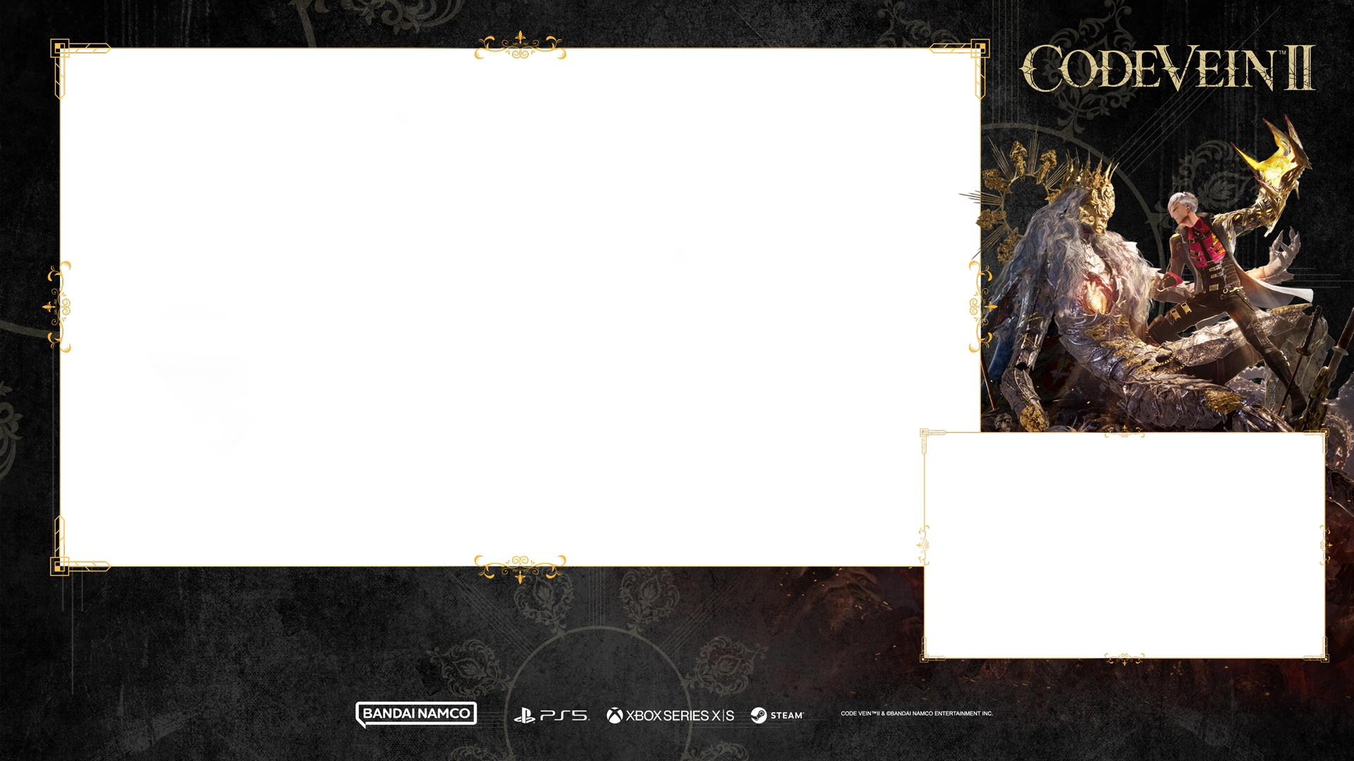 Twitch overlay featuring CODE VEIN II characters in an anime sci-fi setting with decorative elements