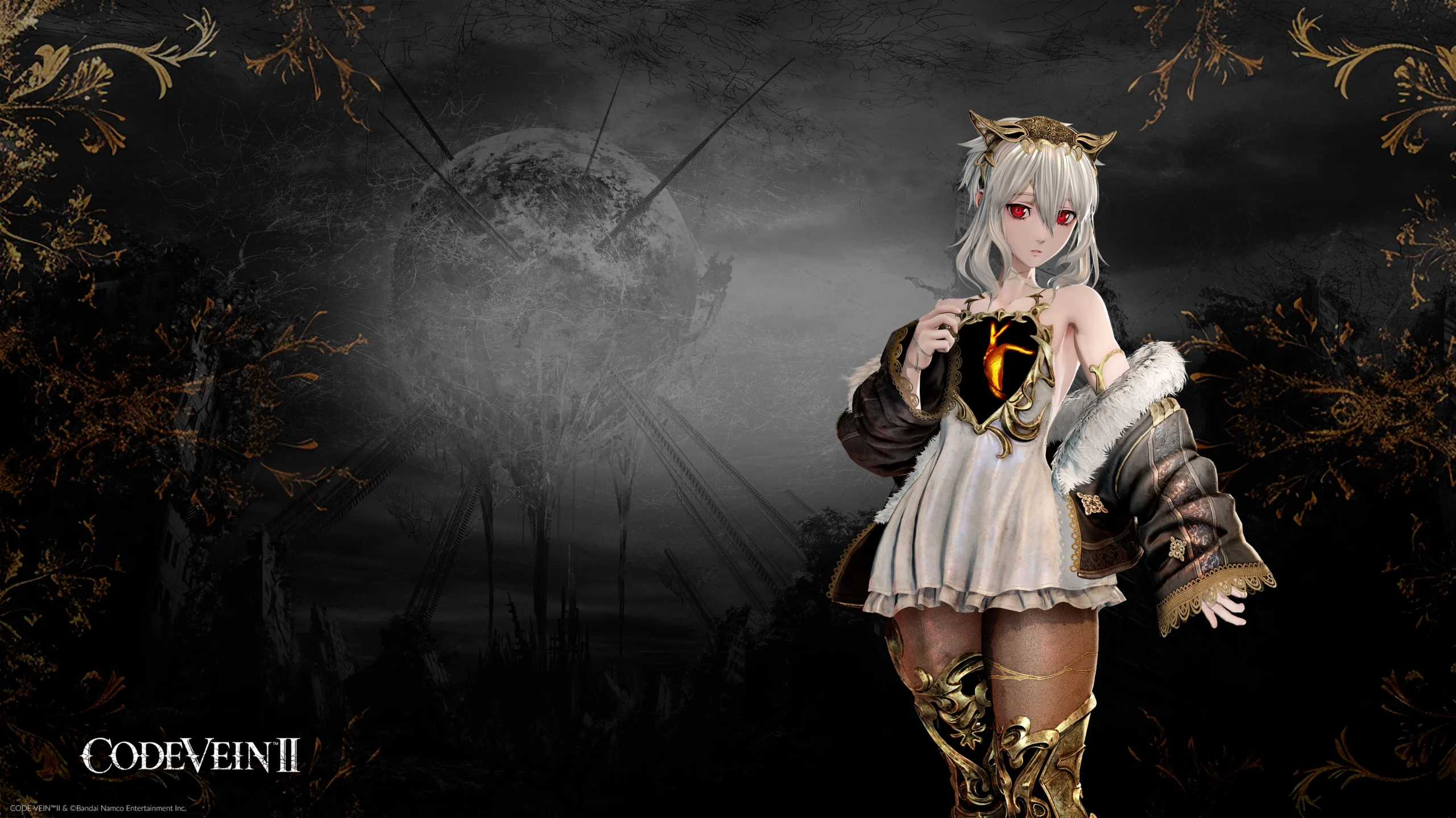 Anime character with white hair and red eyes stands in front of a dark, sci-fi themed background