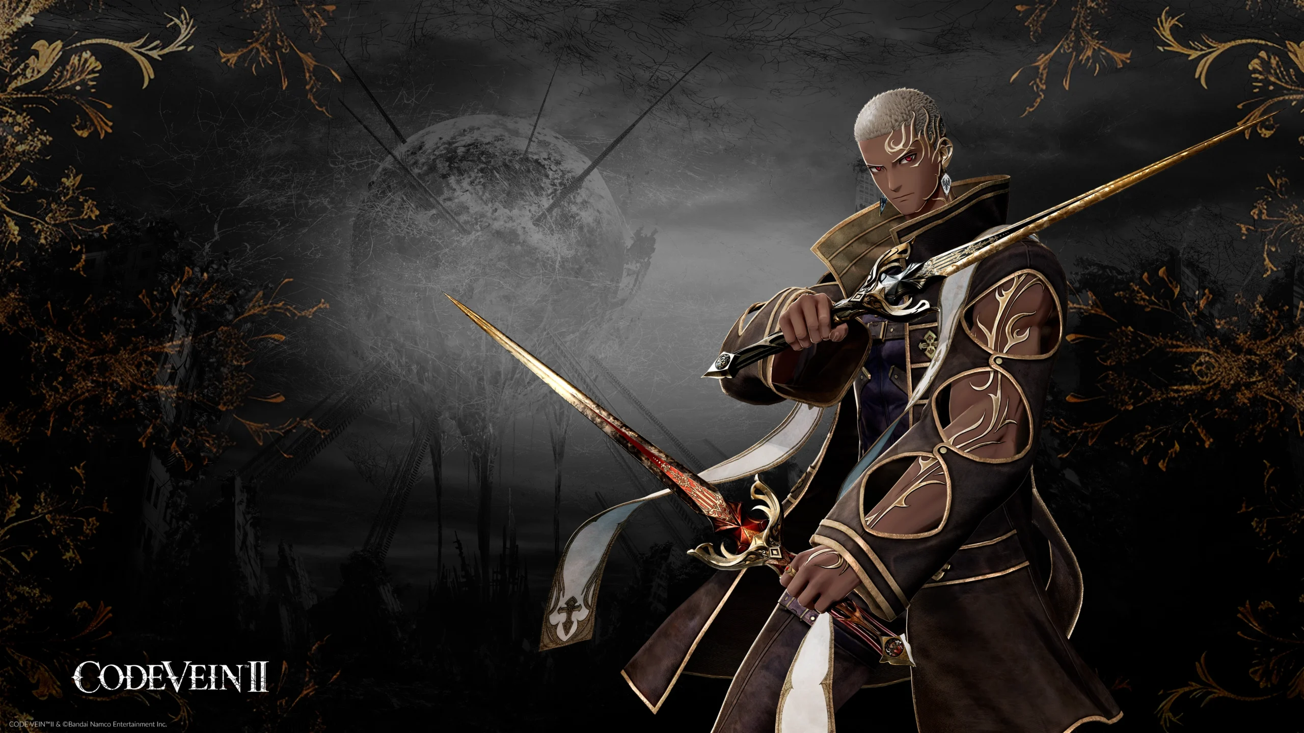 A character from CODE VEIN II holding dual swords, set against a dark, sci-fi themed background