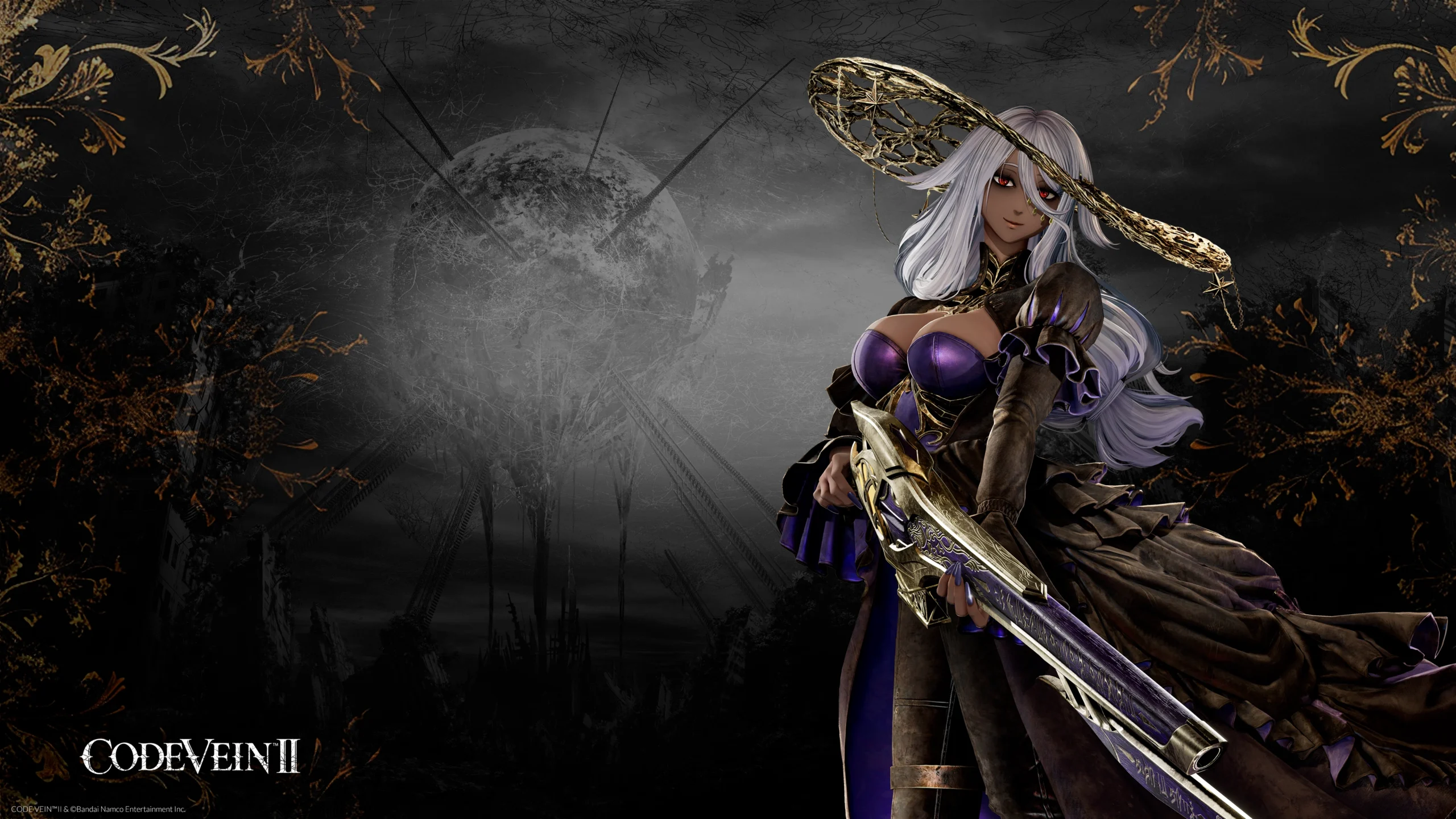 A mysterious female character in elaborate armor holding a large weapon, set against a dark, ornate backdrop