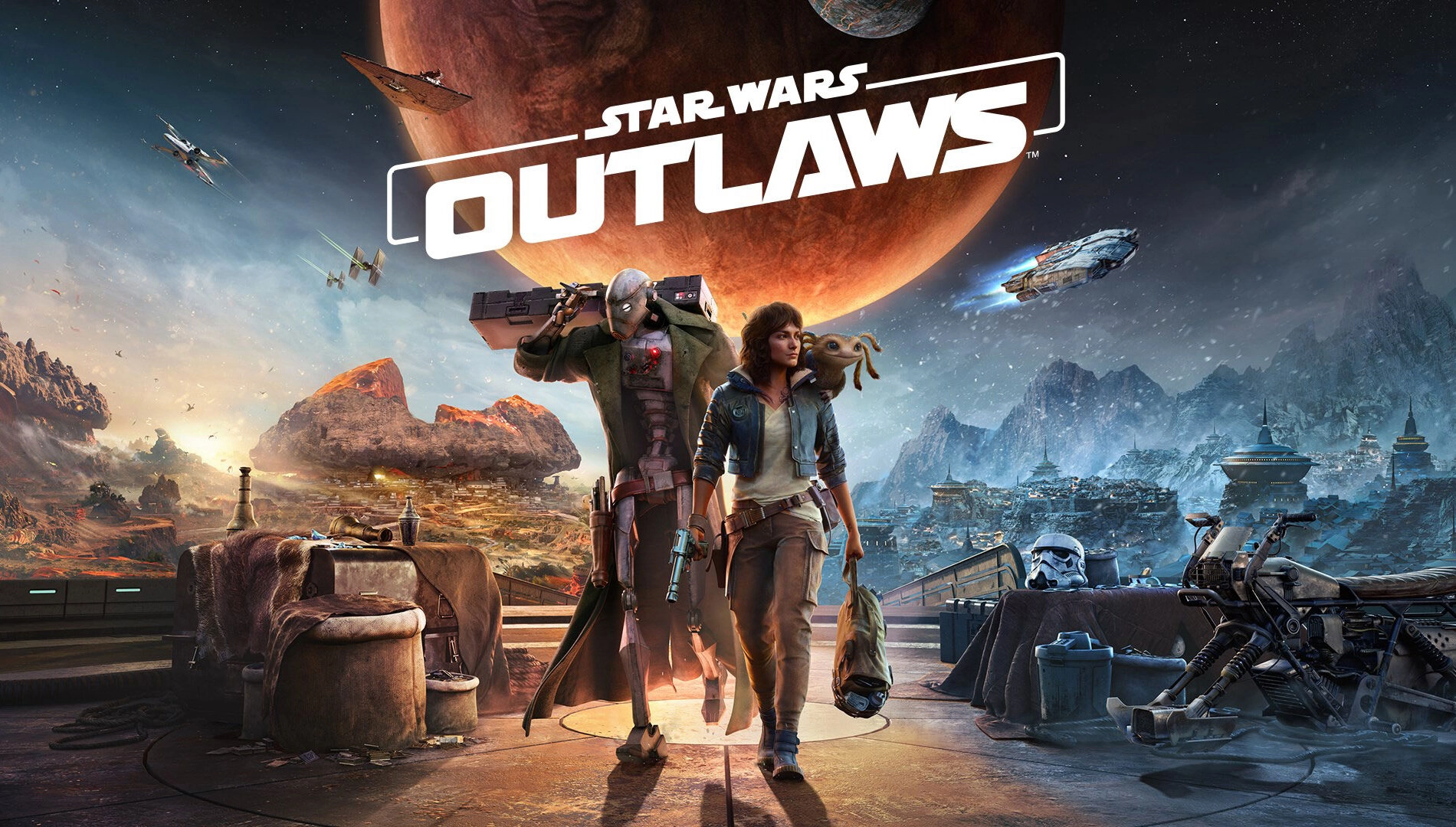 Star Wars: Outlaws game art featuring heroes against a cosmic backdrop, showcasing action and adventure in a galaxy far away.