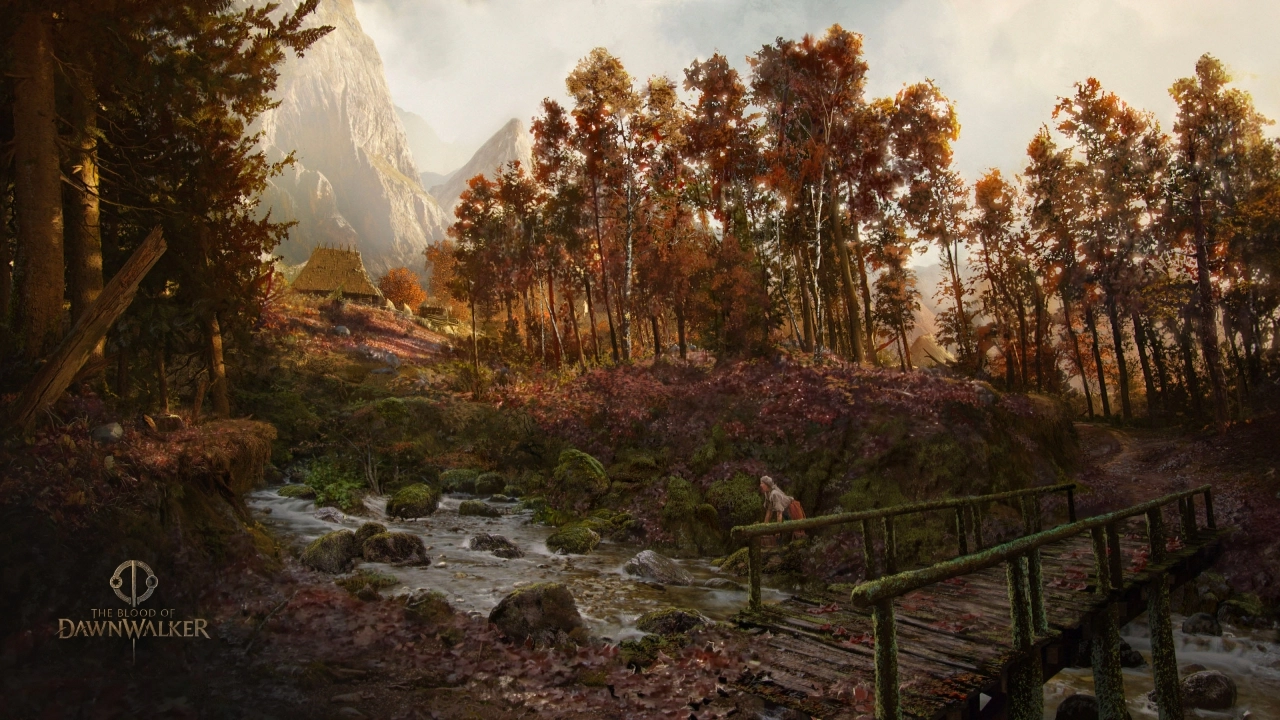 Scenic landscape from The Blood of Dawnwalker, showcasing vibrant autumn colors and a tranquil stream guiding the journey.