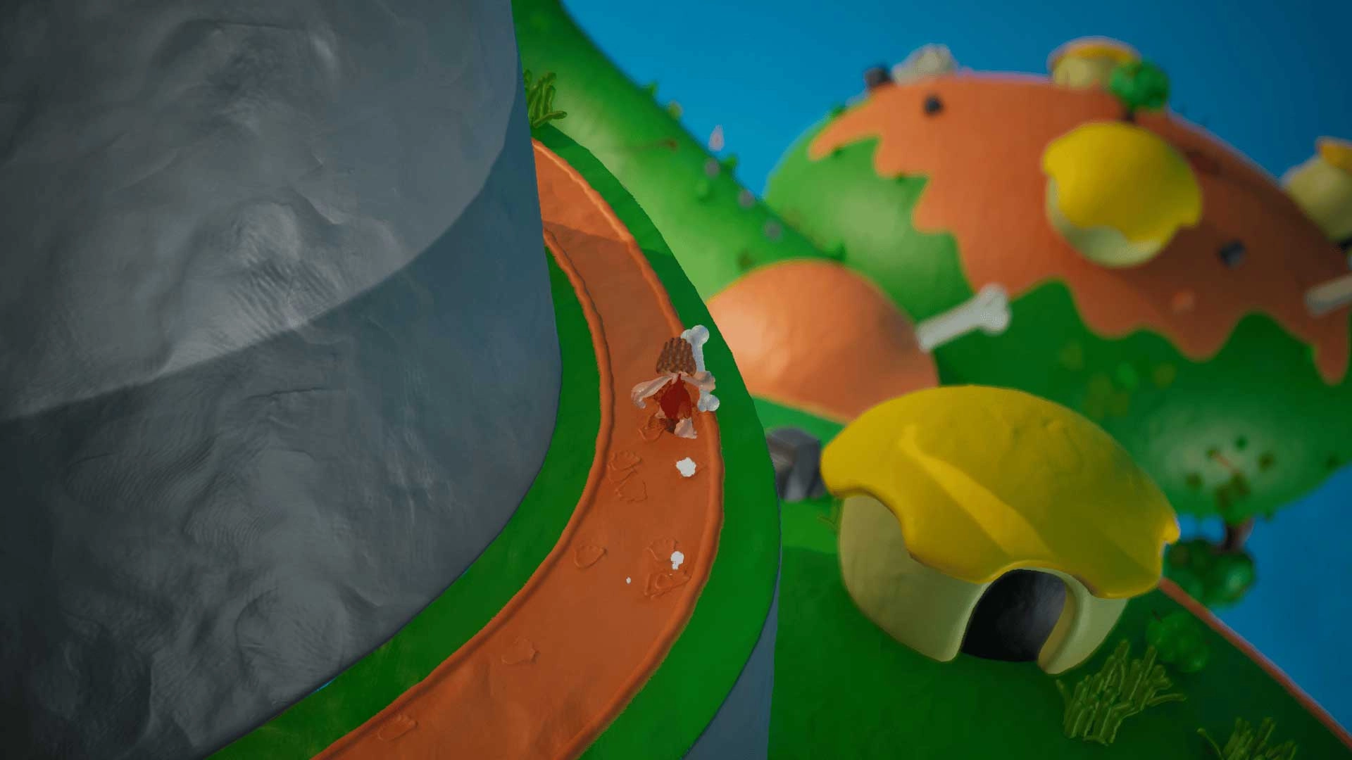 Caveman character exploring colorful, play-dough-style planetoids with gravity-defying pathways