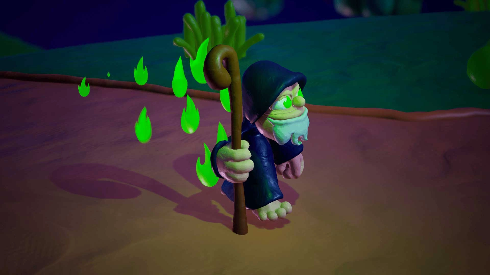 Evil wizard Double G with a glowing staff, casting green magic in a play-dough-style environment