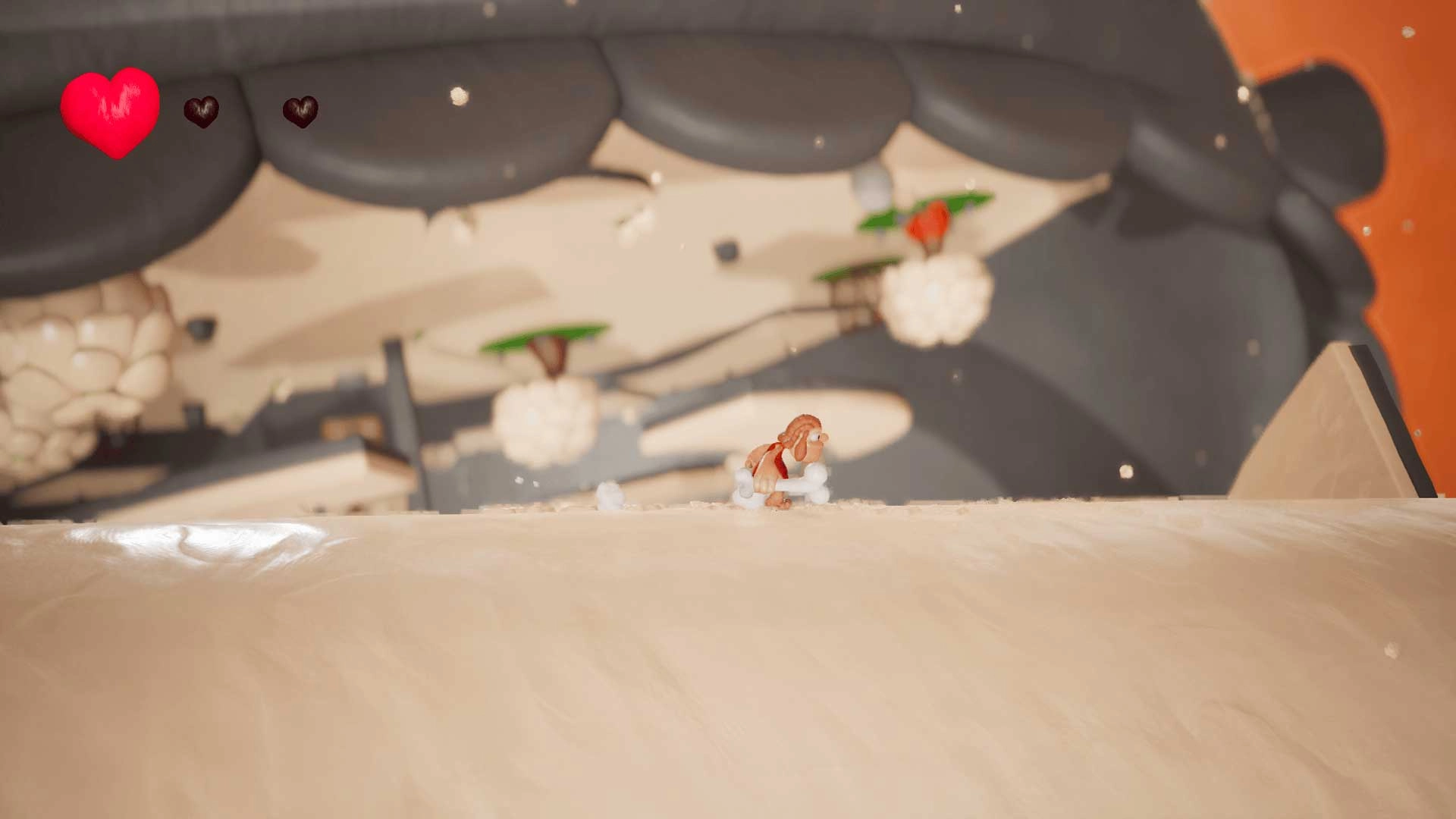 Caveman character running on a play-dough surface in a multi-gravity environment with floating islands