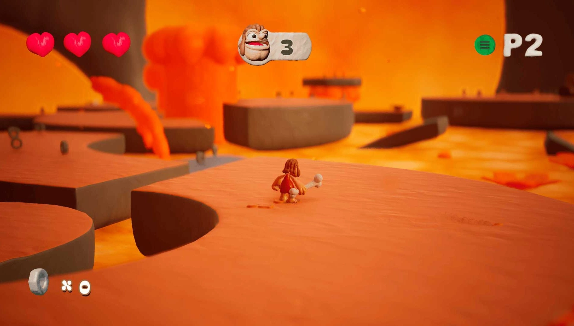 Caveman character with a bone club explores a vibrant, play-dough world with floating platforms and lava