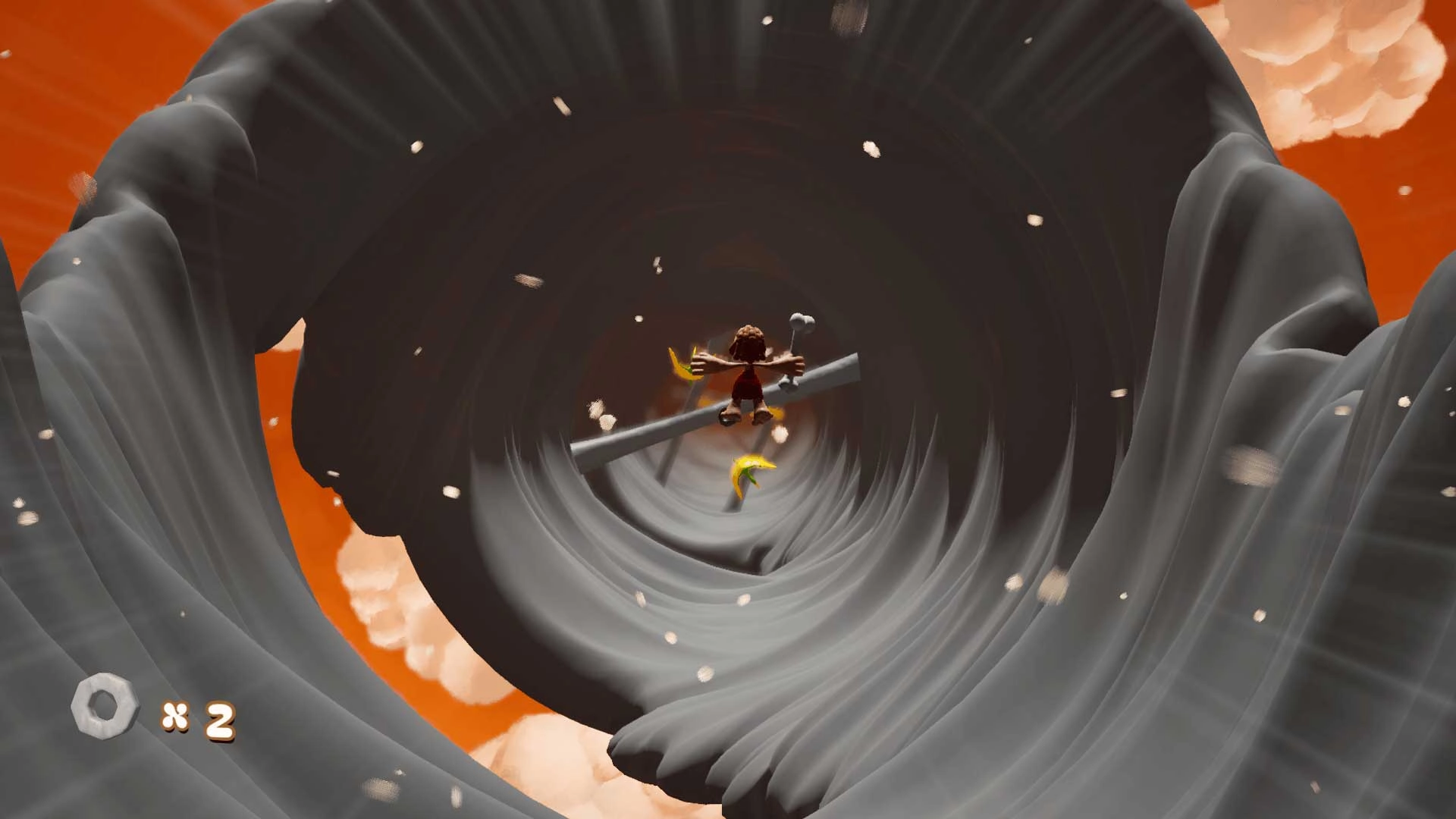 Caveman character sliding down a swirling tunnel in a play-dough world, holding a bone club, orange sky