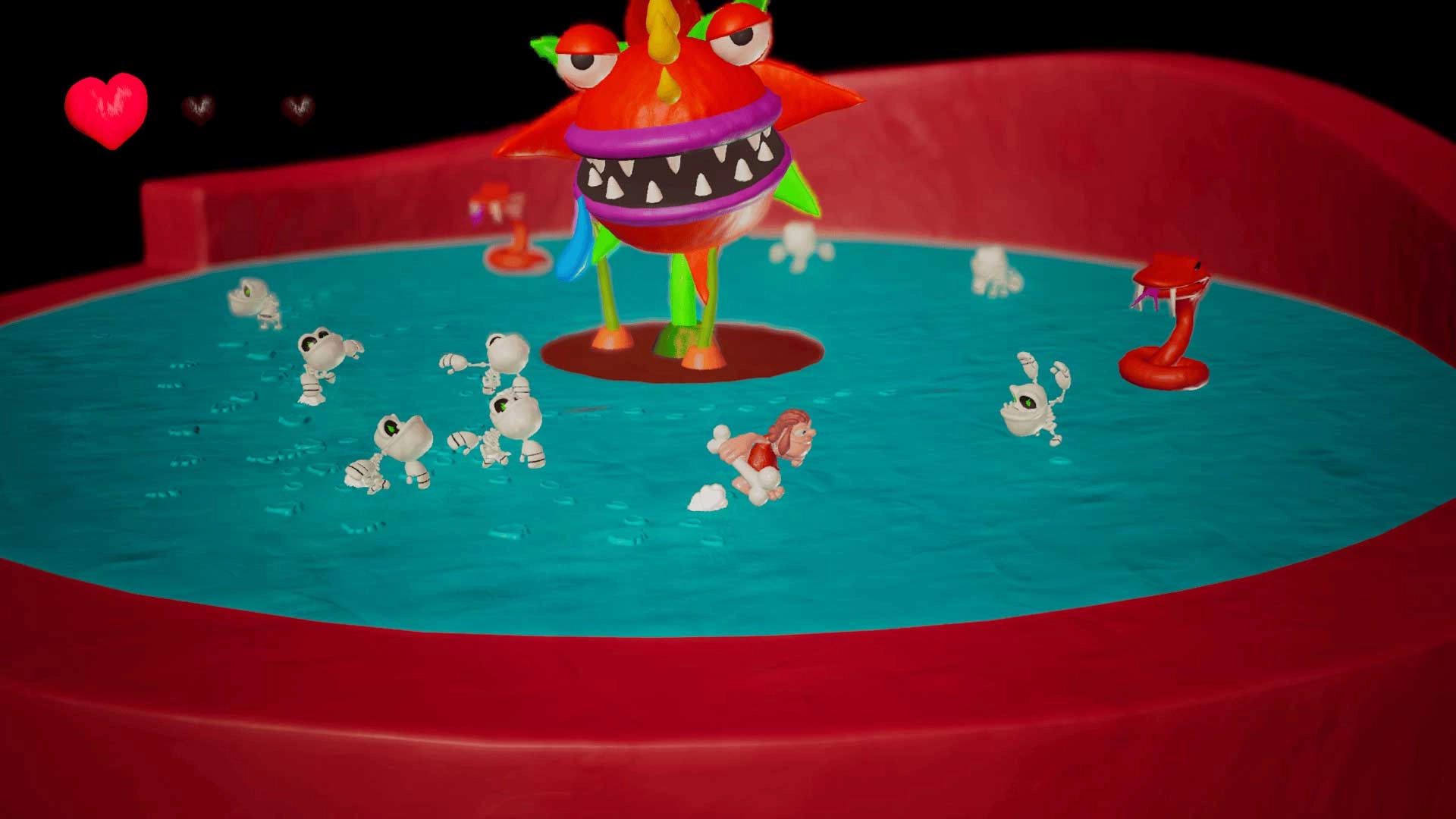 Colorful monster in a play-dough arena surrounded by small caveman figures in a multi-gravity environment