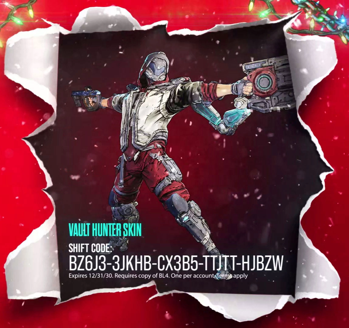 Vault Hunter character in festive attire with SHiFT code for Borderlands 4 skin rewards displayed