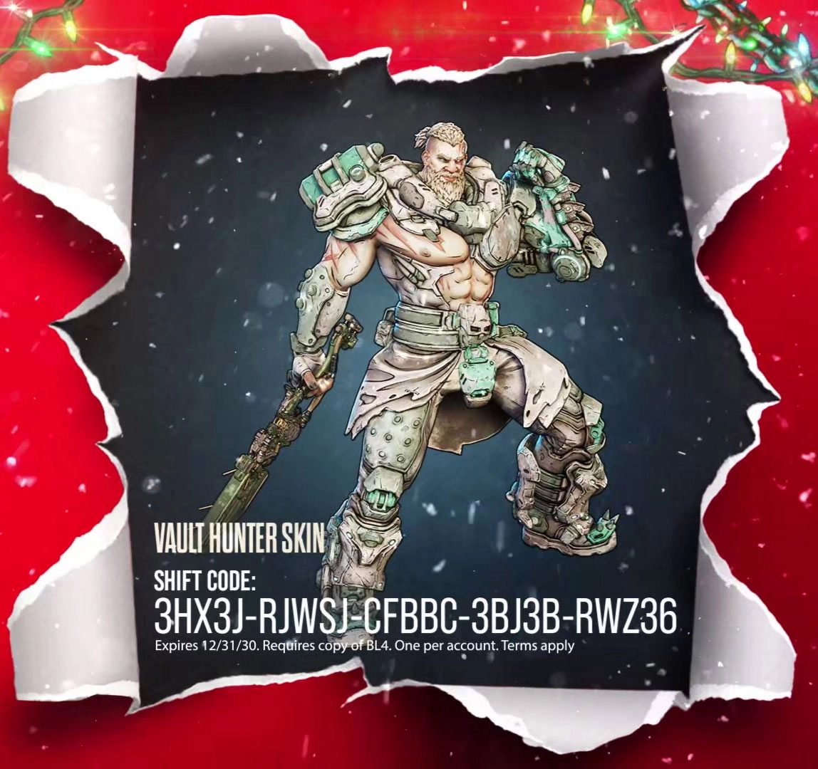 Vault Hunter in winter-themed armor holding a weapon, surrounded by festive red and snowflakes