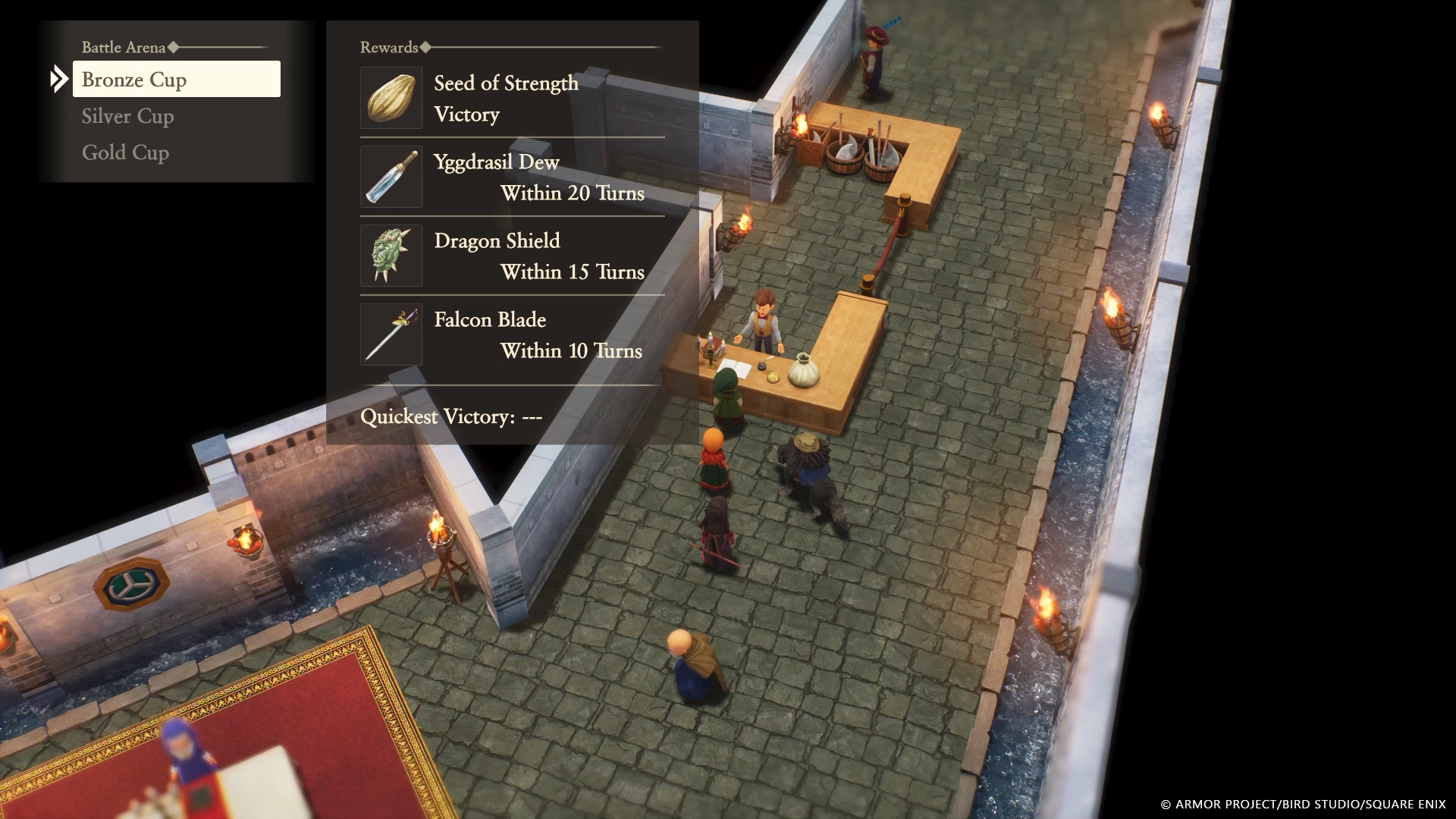 A group of characters in a medieval setting, engaging in a strategic battle with rewards displayed onscreen