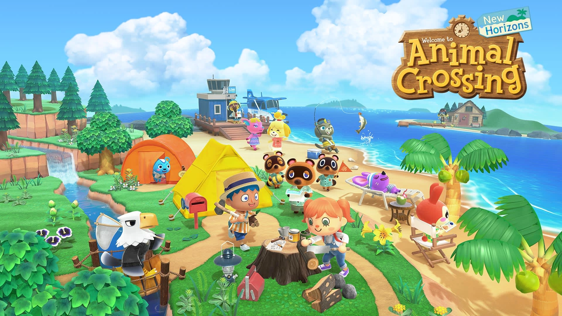 Colorful Animal Crossing: New Horizons scene with characters and nature, showcasing vibrant island life and activities.