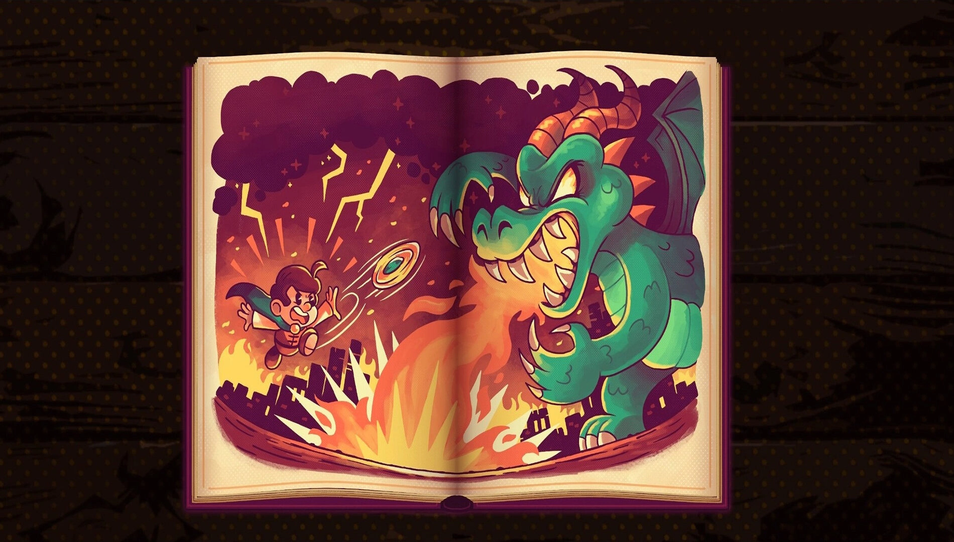 A storybook hero with a shield faces a fierce dragon amid flames and lightning in an open book scene