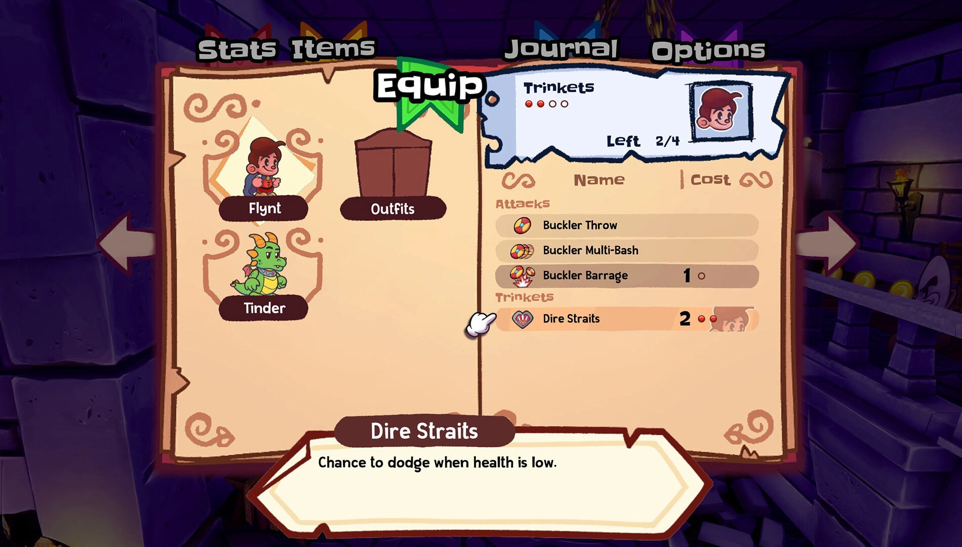 Game menu screen showing character Flynt with outfit options, stats, and trinkets in Escape from Ever After