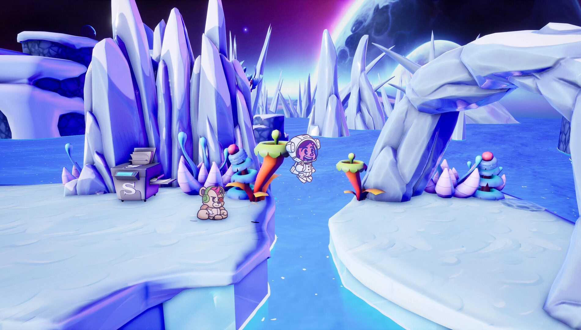 A cartoon character in a spacesuit jumps over icy platforms with colorful plants and a filing cabinet nearby