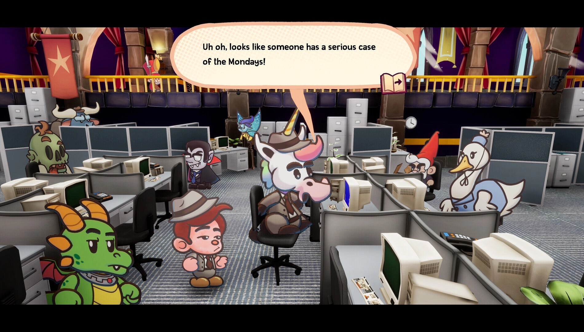 Cartoon characters in an office setting, including a dragon and a unicorn, surrounded by cubicles