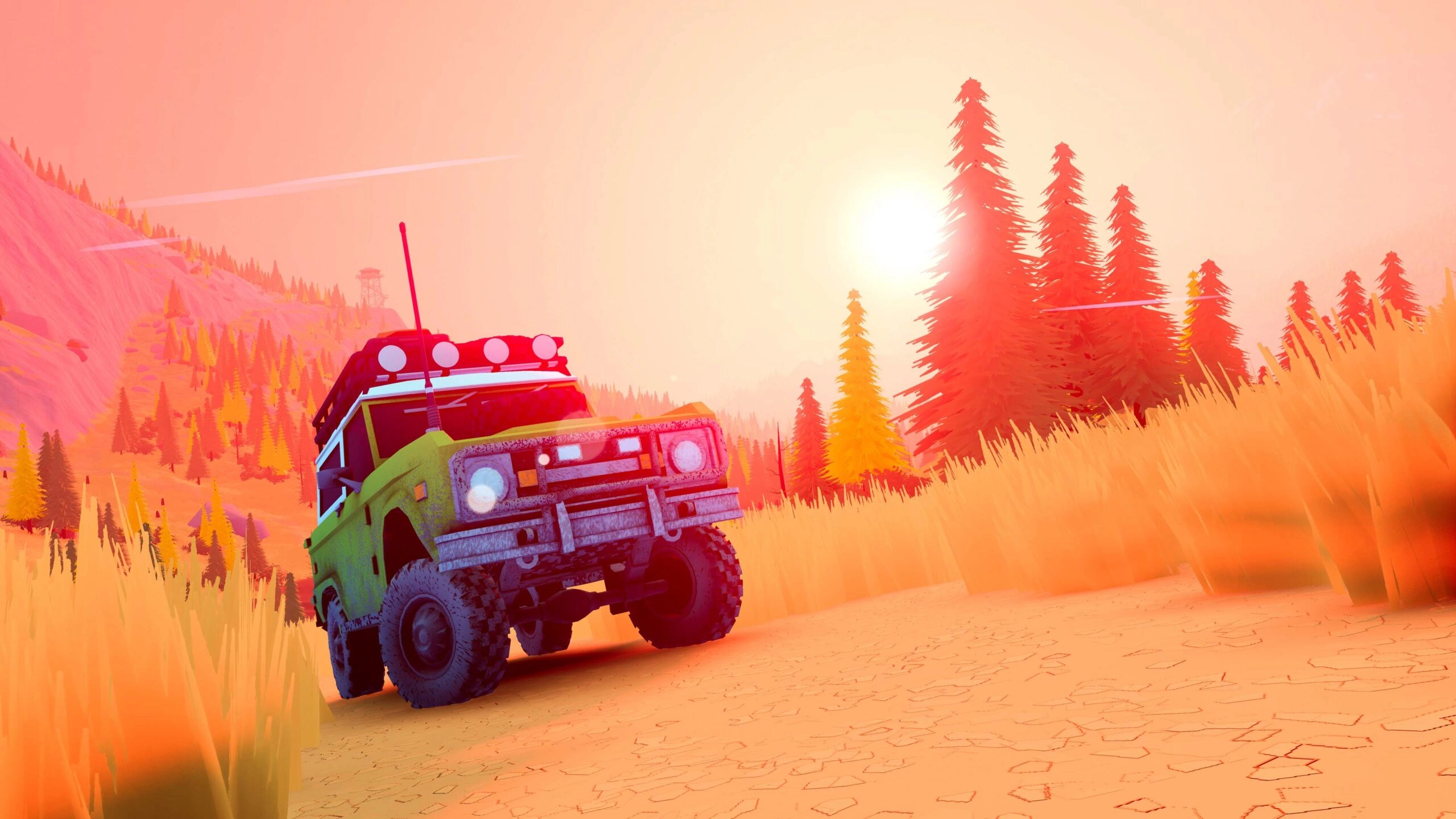 Classic off-road vehicle navigating a vibrant, sunlit wilderness with tall trees and rugged terrain