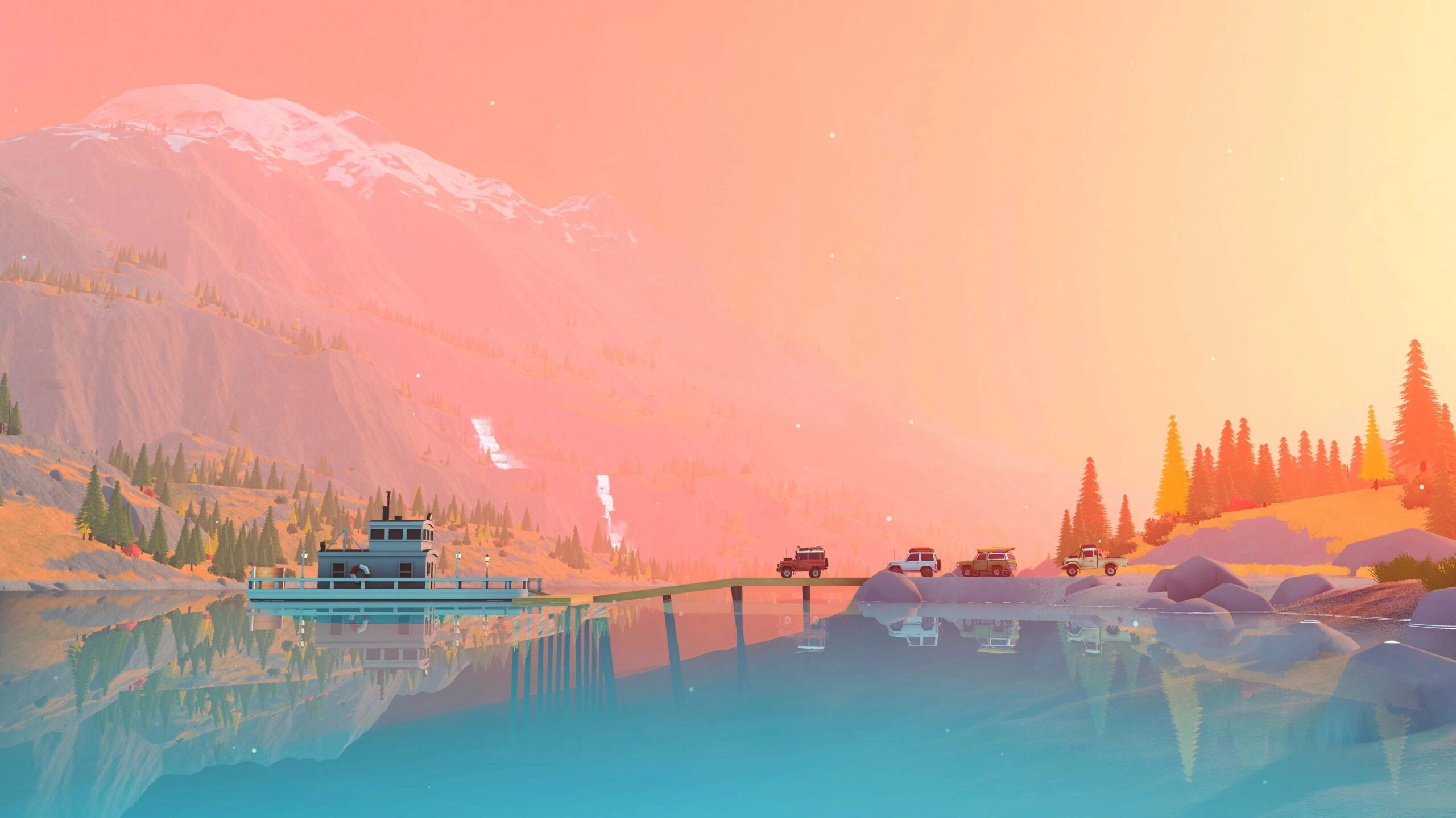 Off-road vehicles parked by a serene lake with a mountain backdrop at sunset in Over the Hill game scene