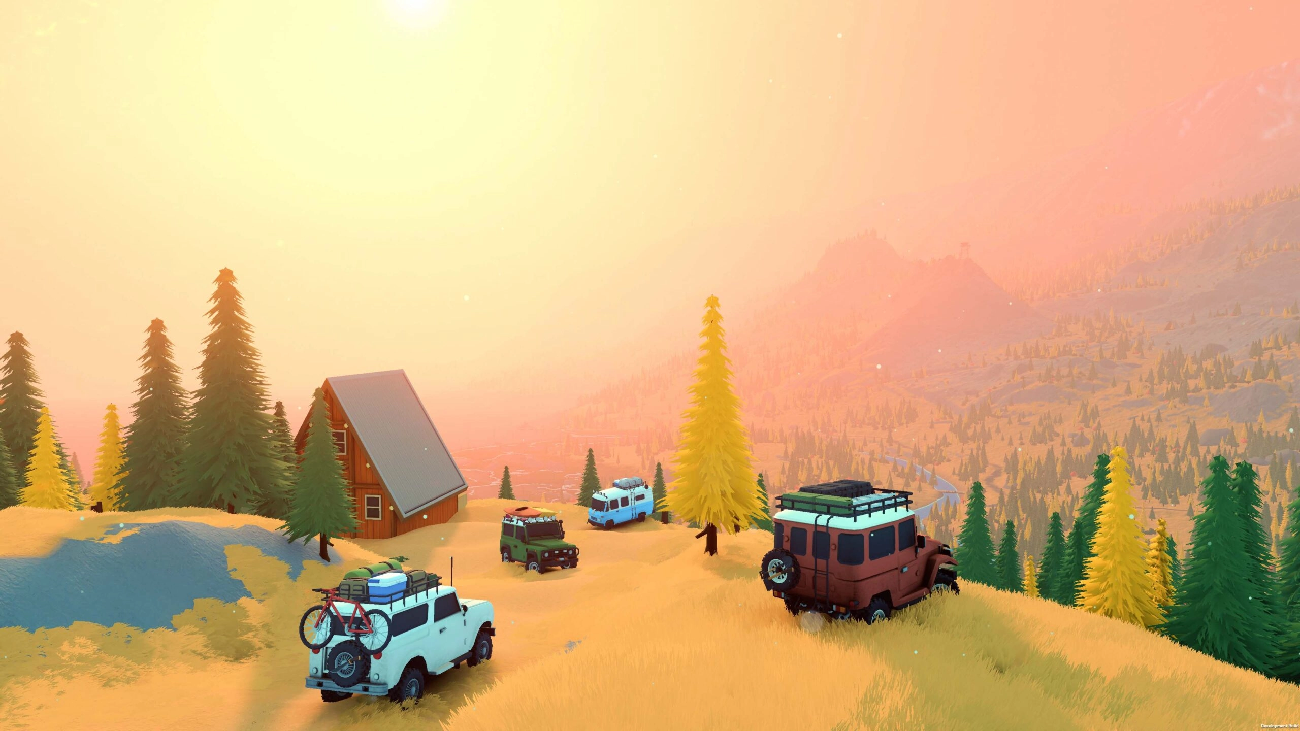 Off-road vehicles parked near a cabin in a sunlit mountainous landscape, capturing adventure vibes